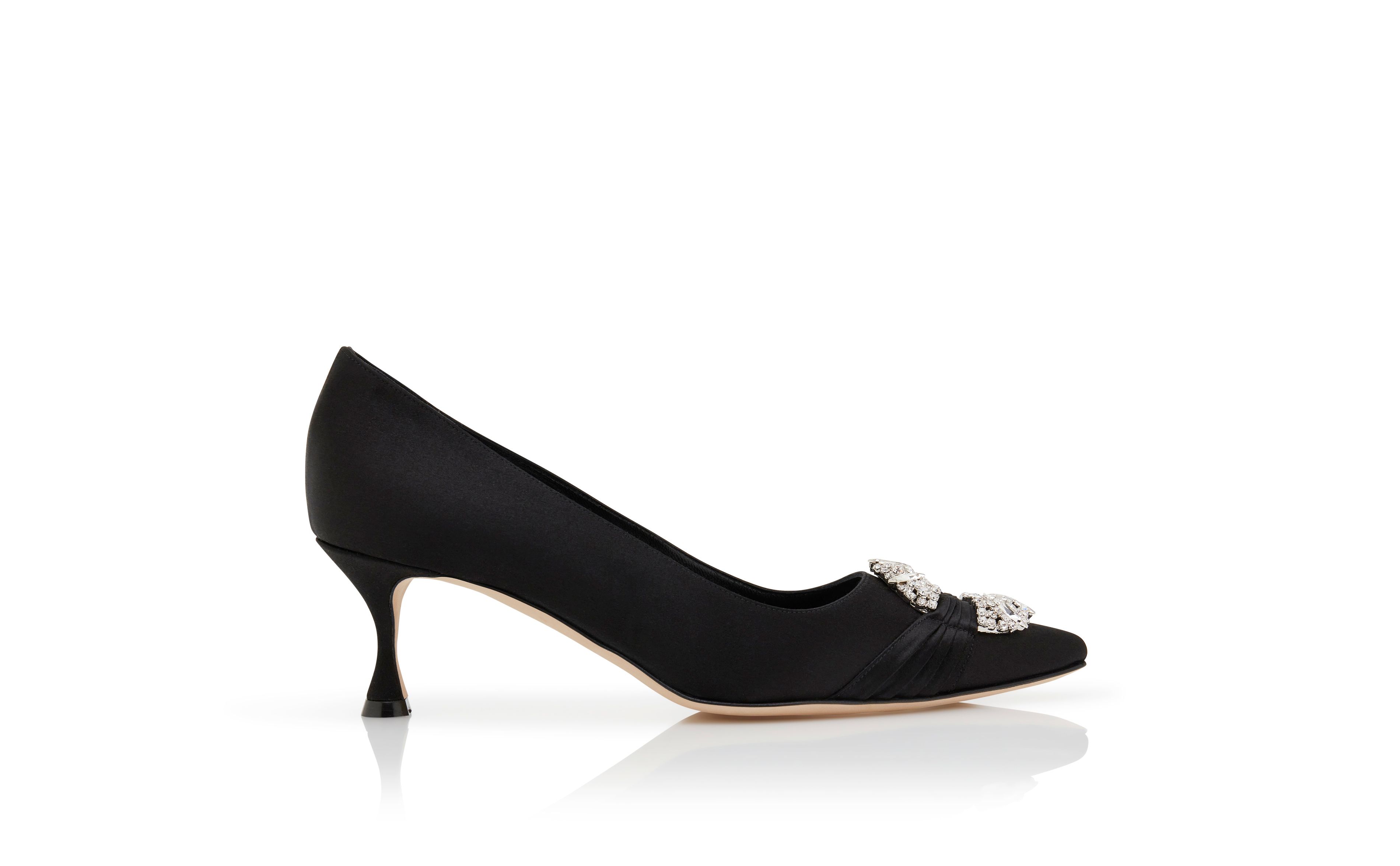 Designer Black Satin Embellished Buckle Pumps  - Image Side View