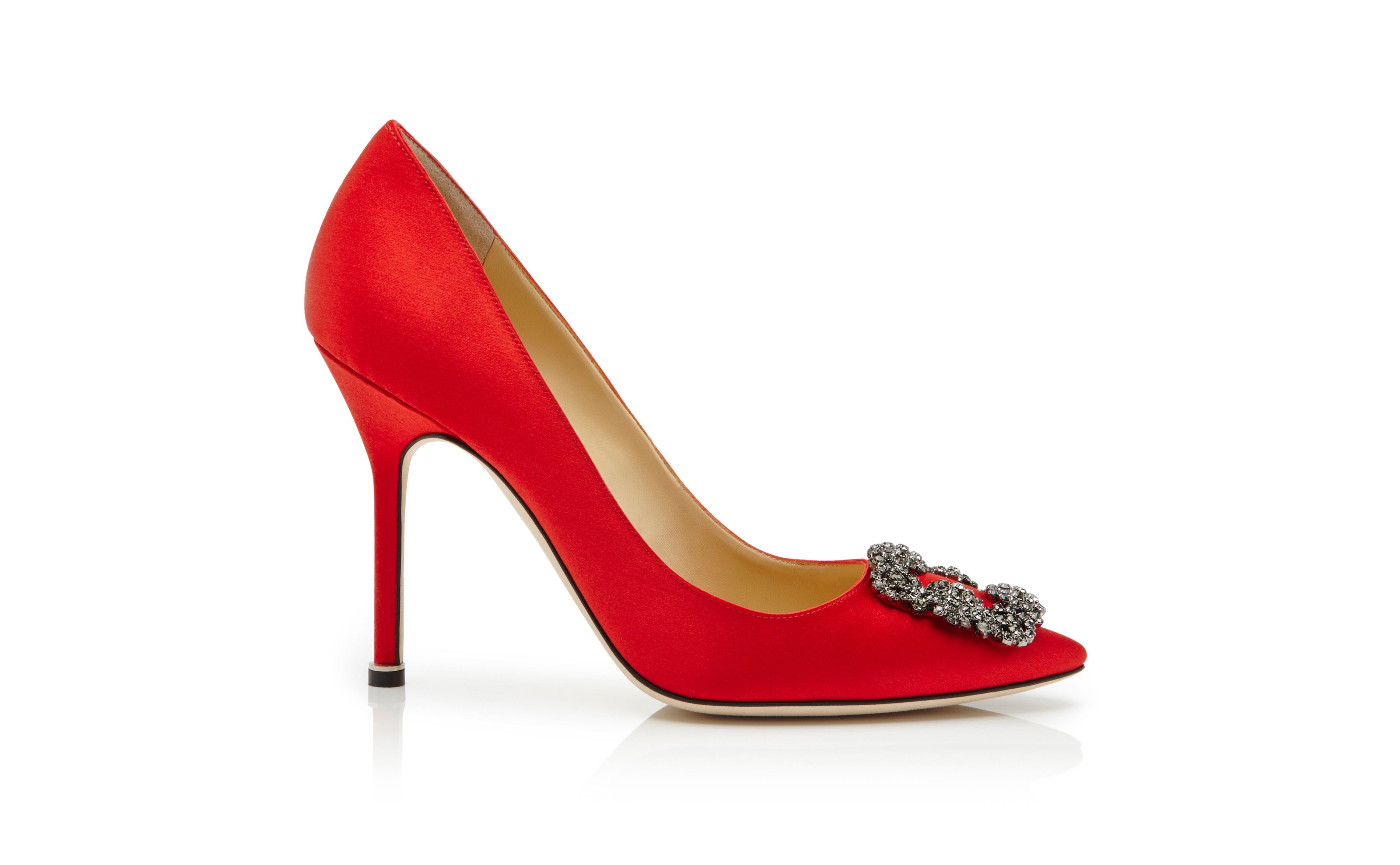 HANGISI | Red Satin Jewel Buckle Pumps | Manolo Blahnik