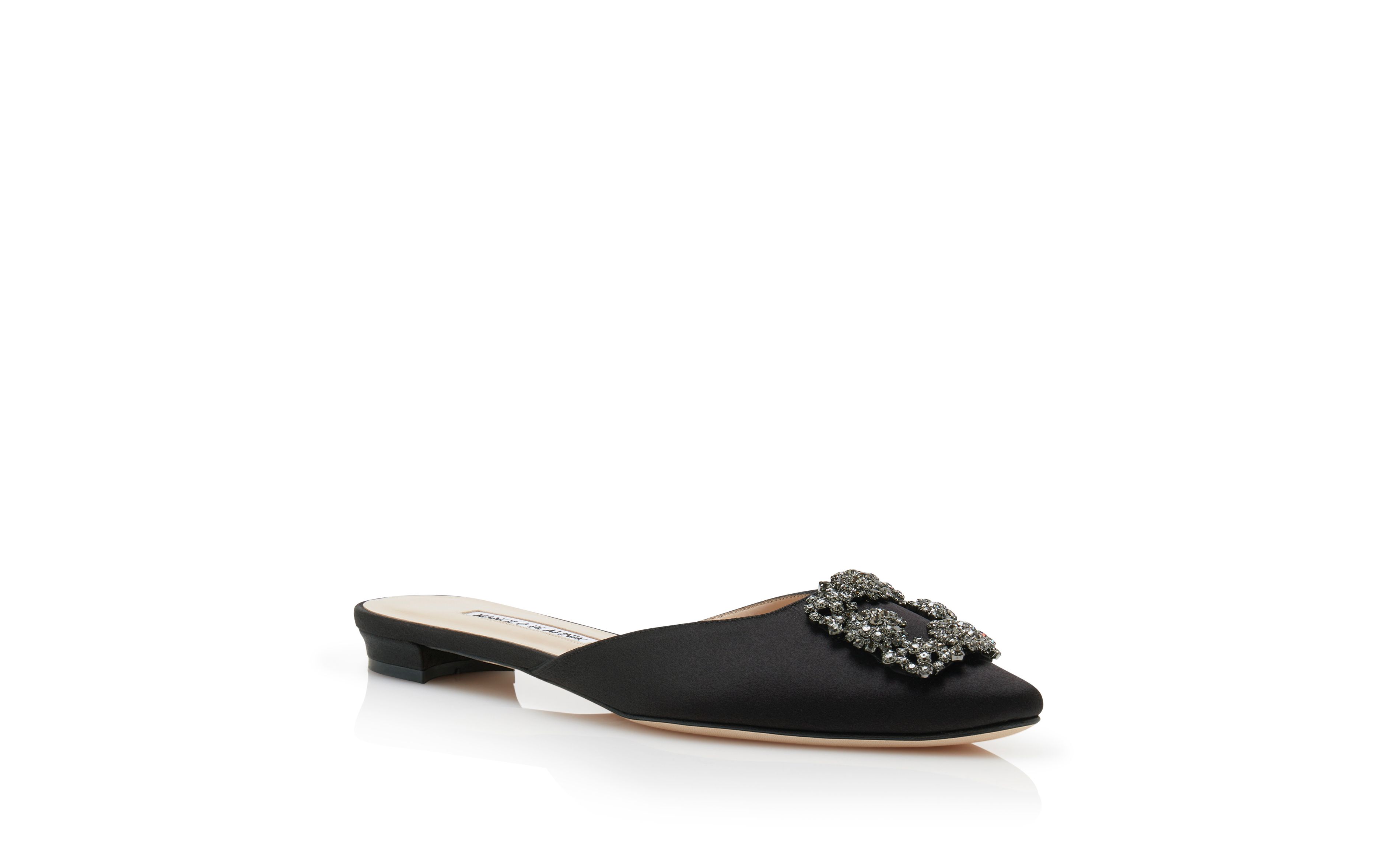 Designer Black Satin Jewel Buckle Flat Mules - Image Upsell