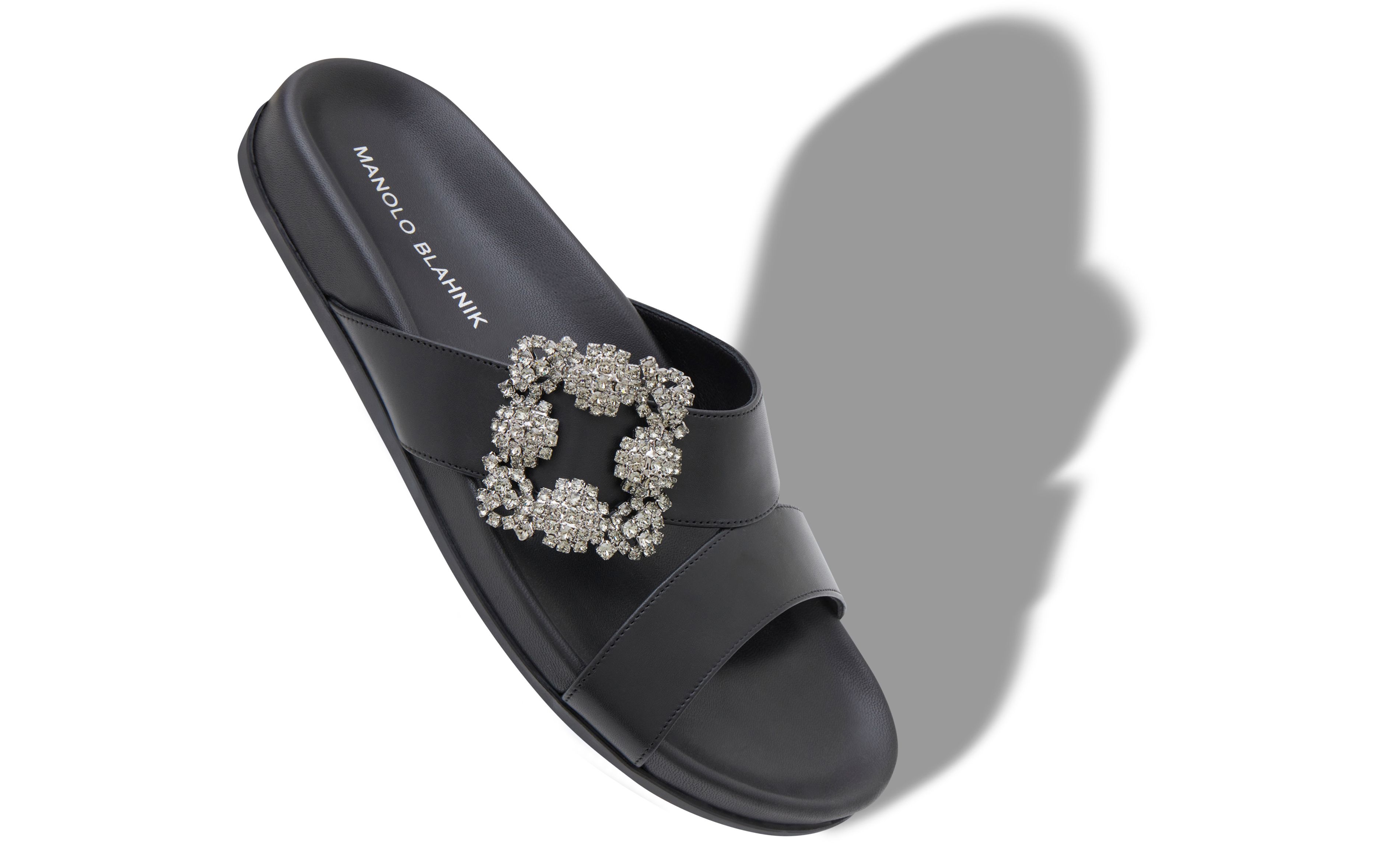 Designer Black Calf Leather Jewel Buckle Flat Mules - Image Main