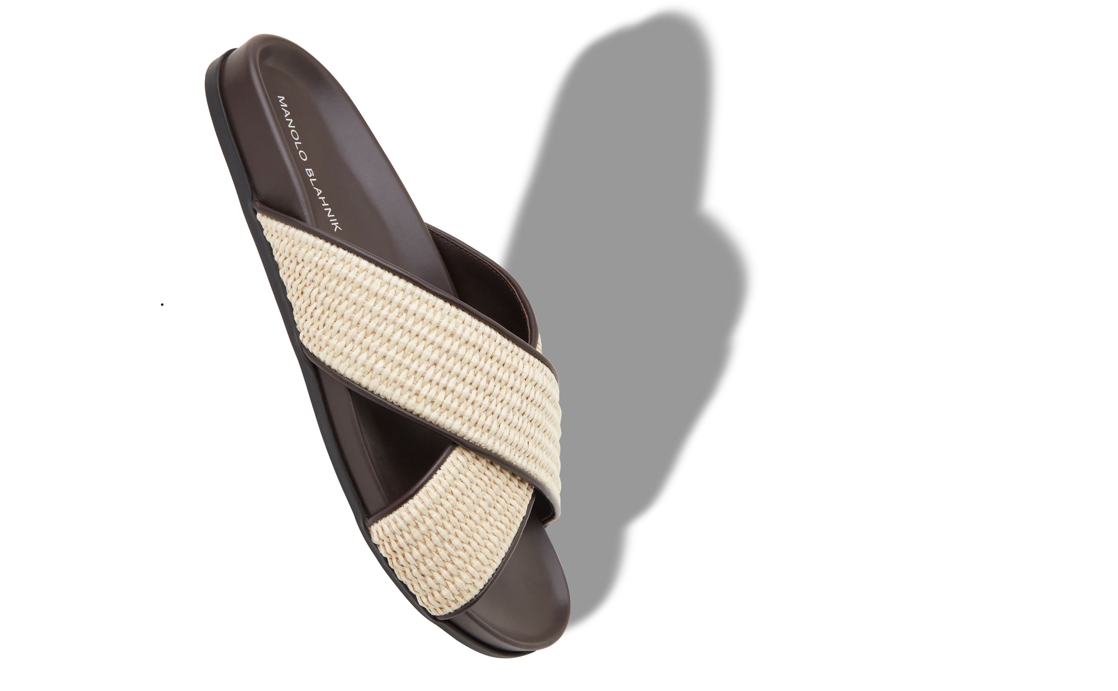 Designer Dark Cream and Brown Raffia Flat Sandals - Image Main