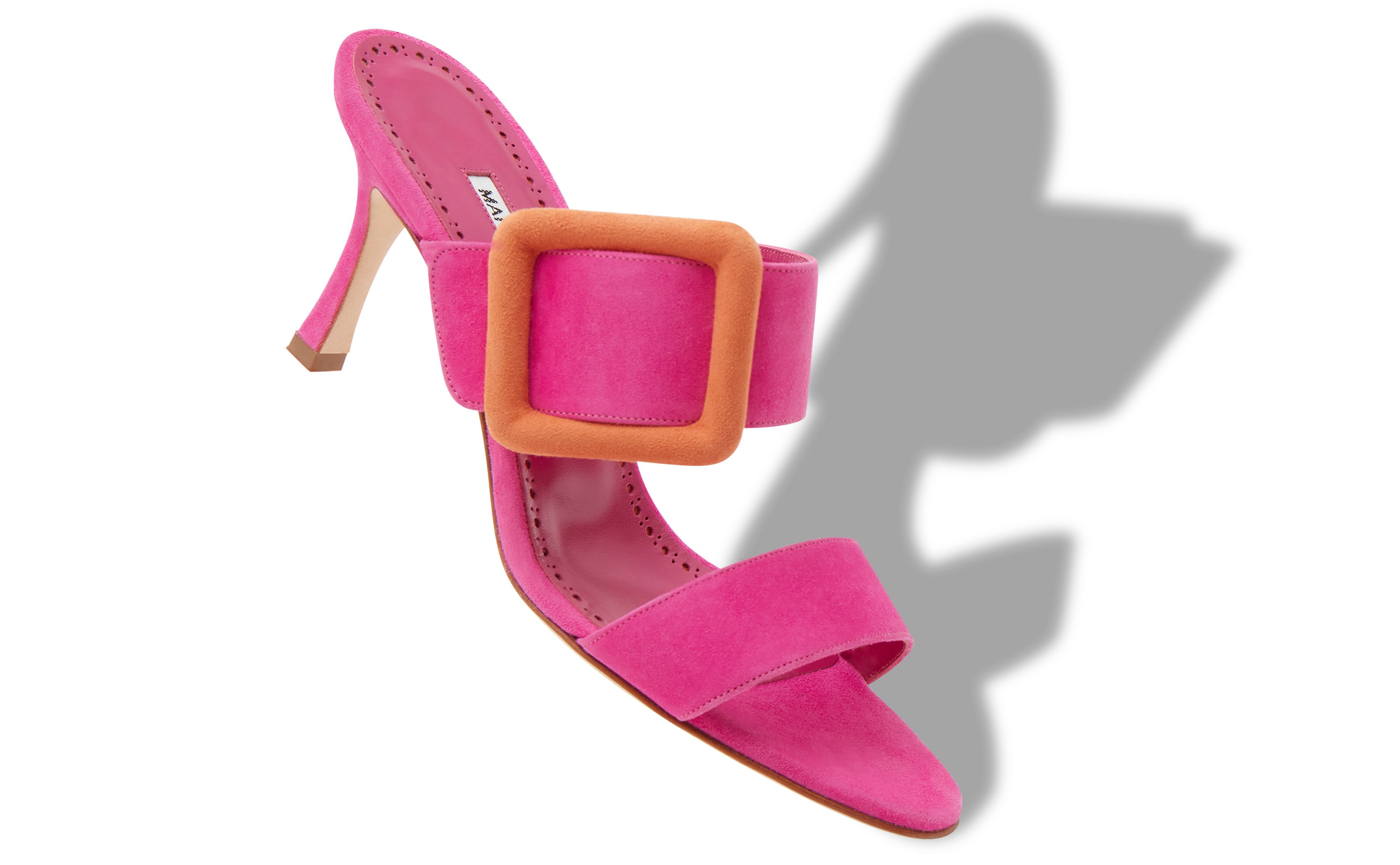 Designer Bright Pink and Orange Suede Buckle Mules - Image Main