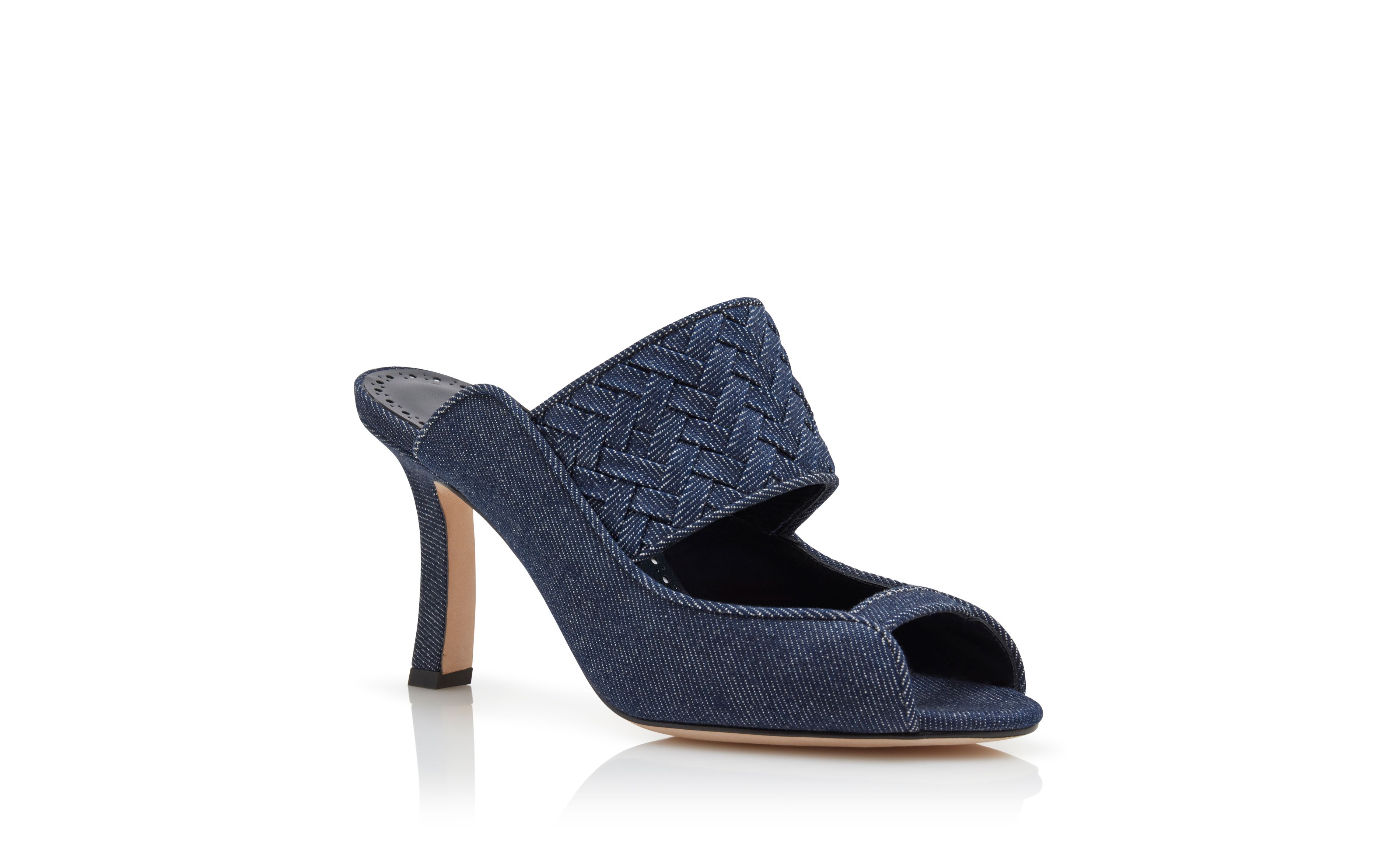 Designer Dark Blue Chambray Open Toe Mules - Image Upsell