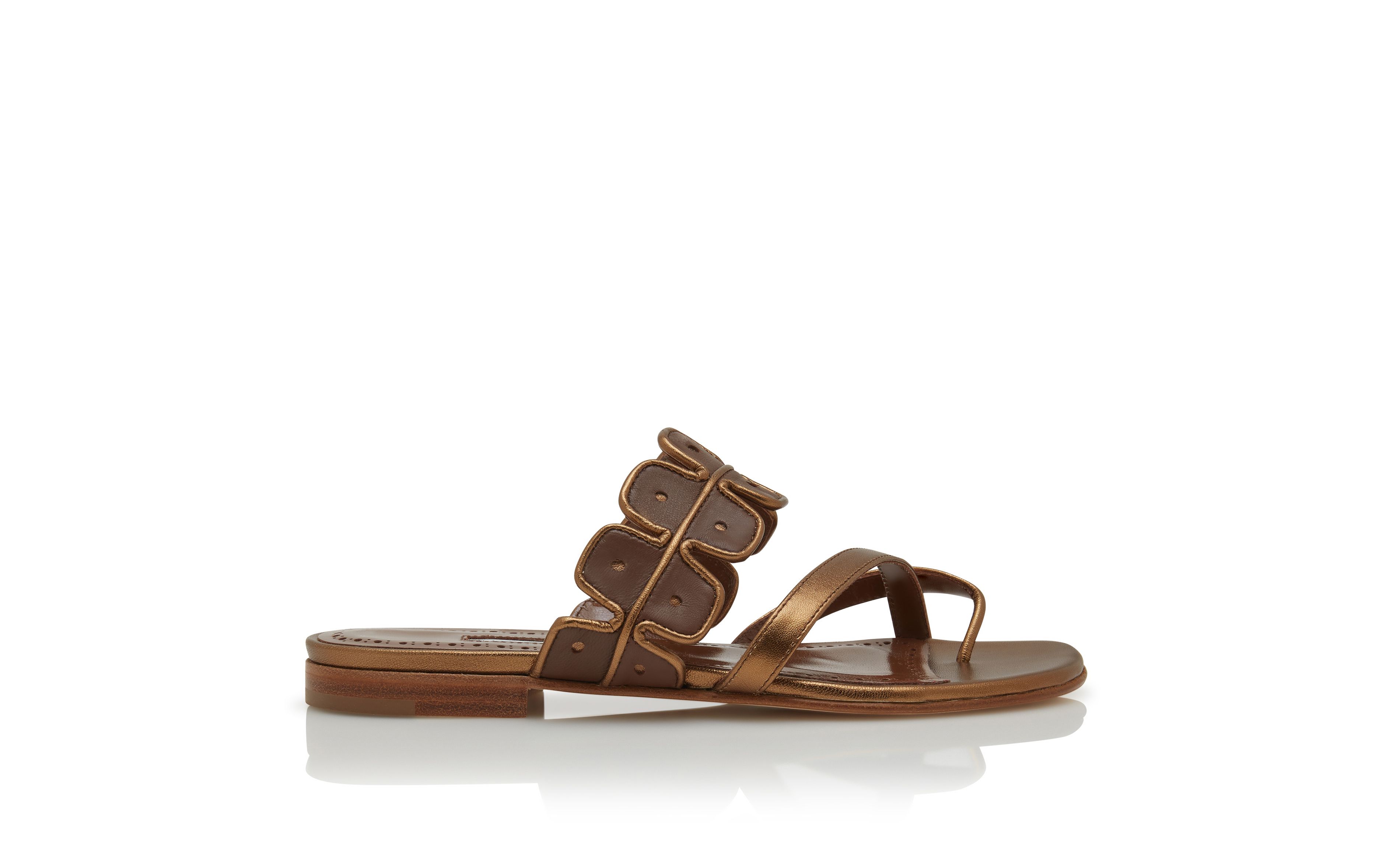 Designer Bronze and Brown Nappa Leather Flat Sandals - Image Side View