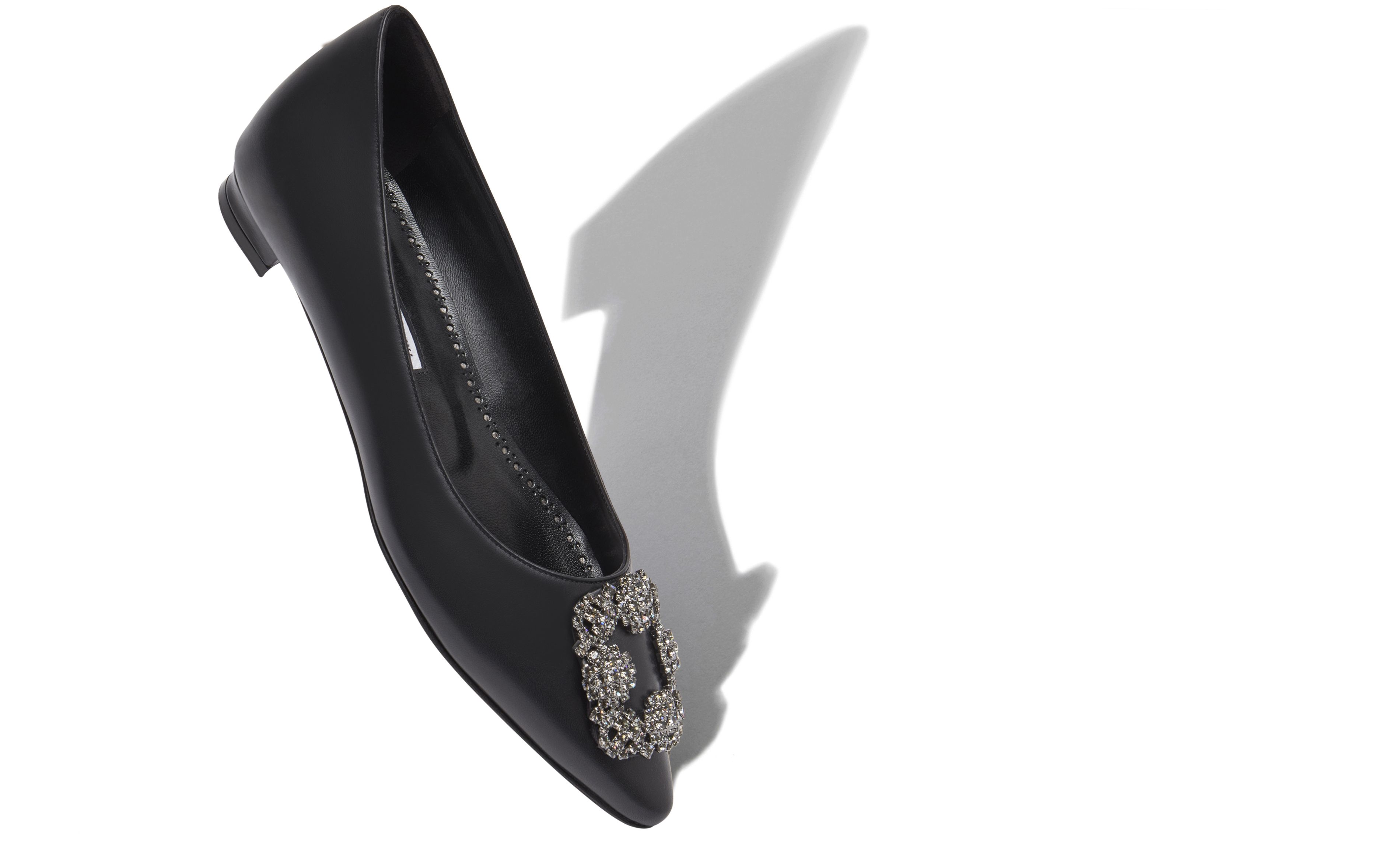 HANGISIFLAT | Black Calf Leather Jewel Buckle Flat Pumps | Manolo Blahnik