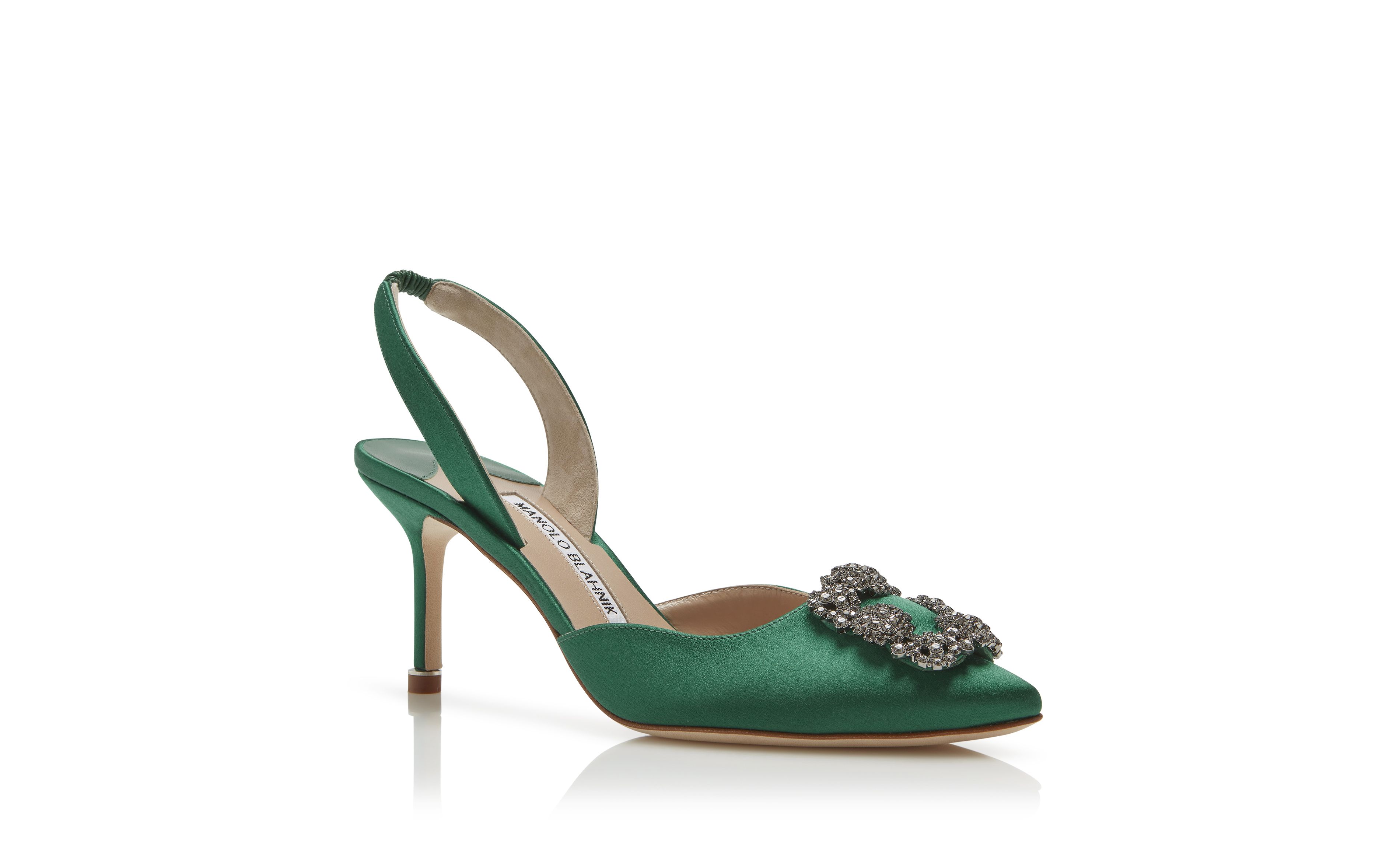 Designer Green Satin Jewel Buckle Slingback Pumps - Image Upsell