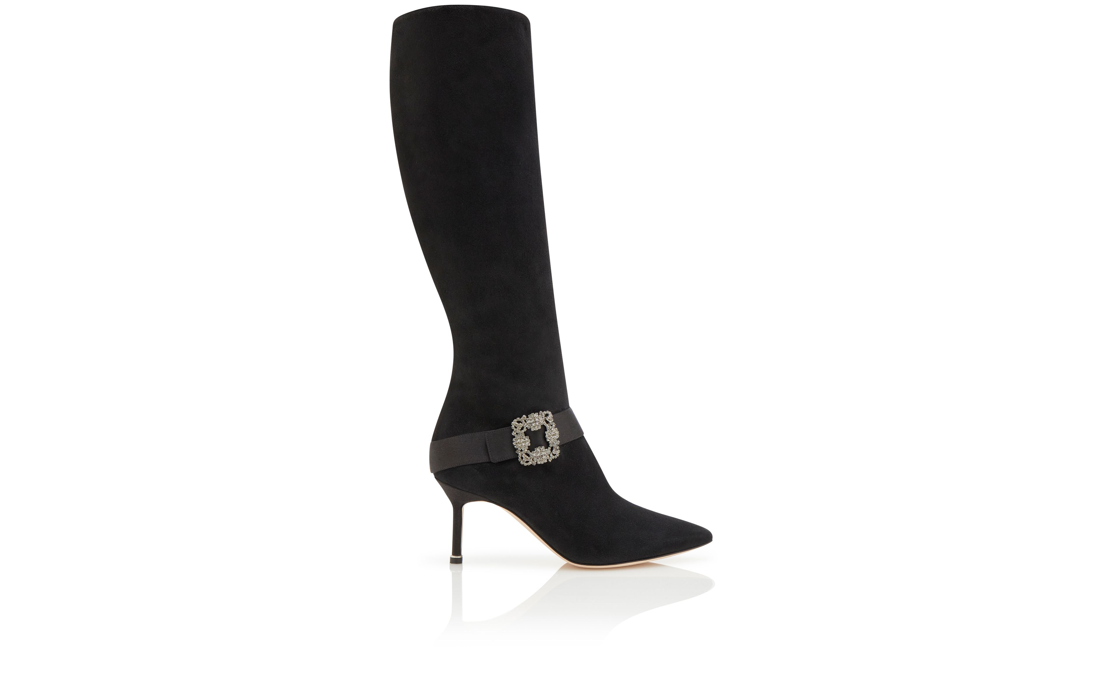 Designer Black Suede Jewel Buckle Knee High Boots  - Image Side View