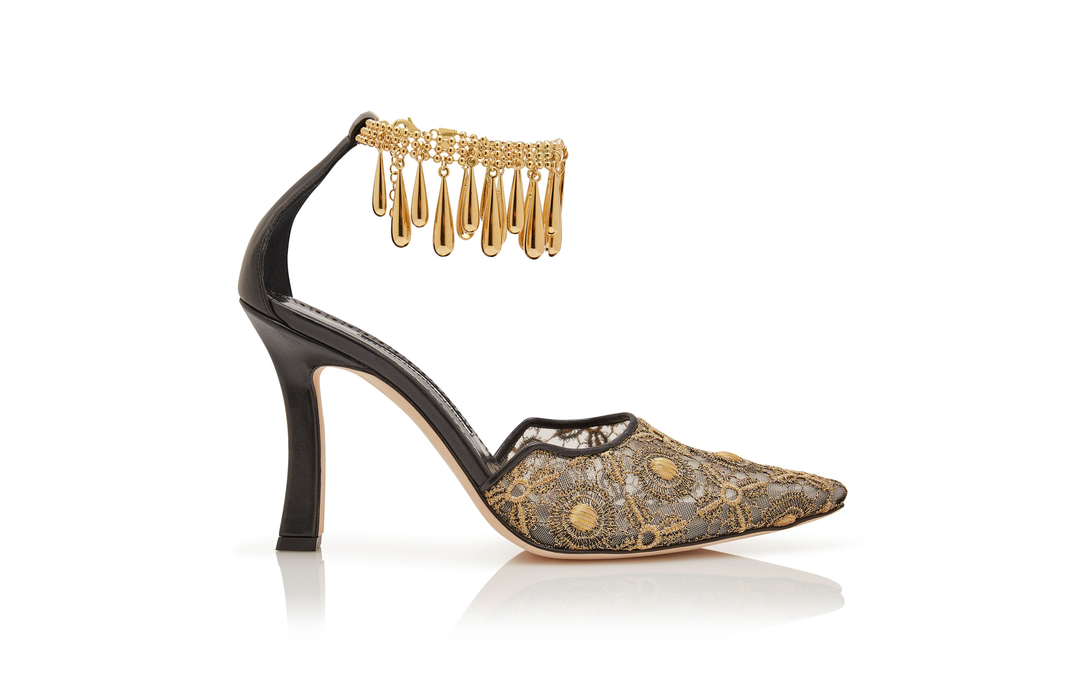 Designer Black and Gold Lace Embellished Pumps - Image Side View