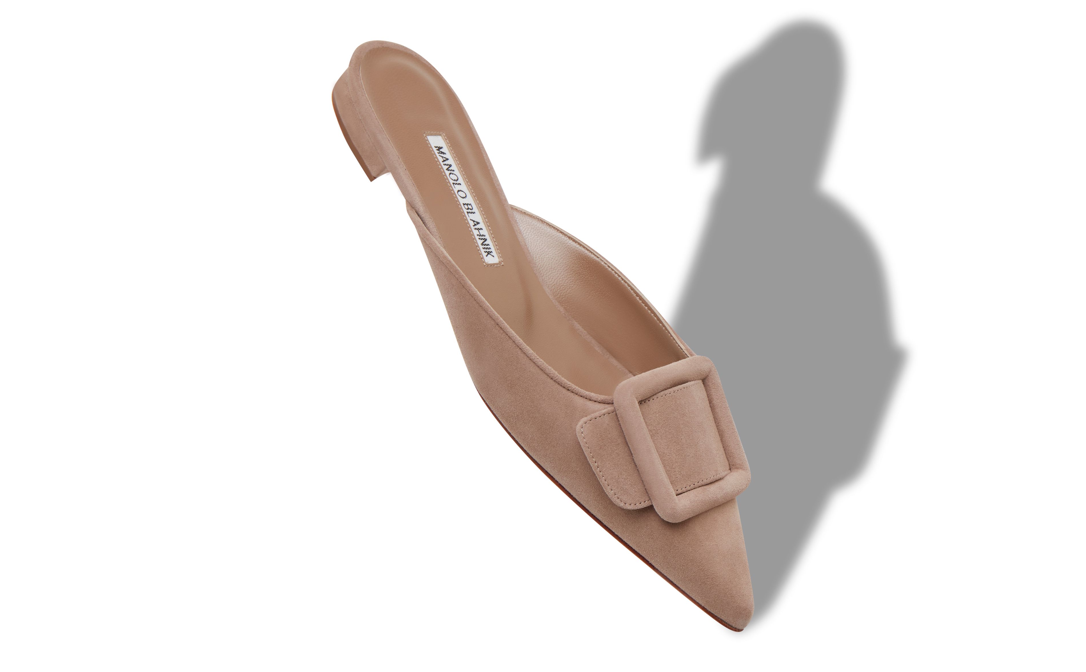 Designer Beige Suede Buckle Detail Flat Mules - Image Main