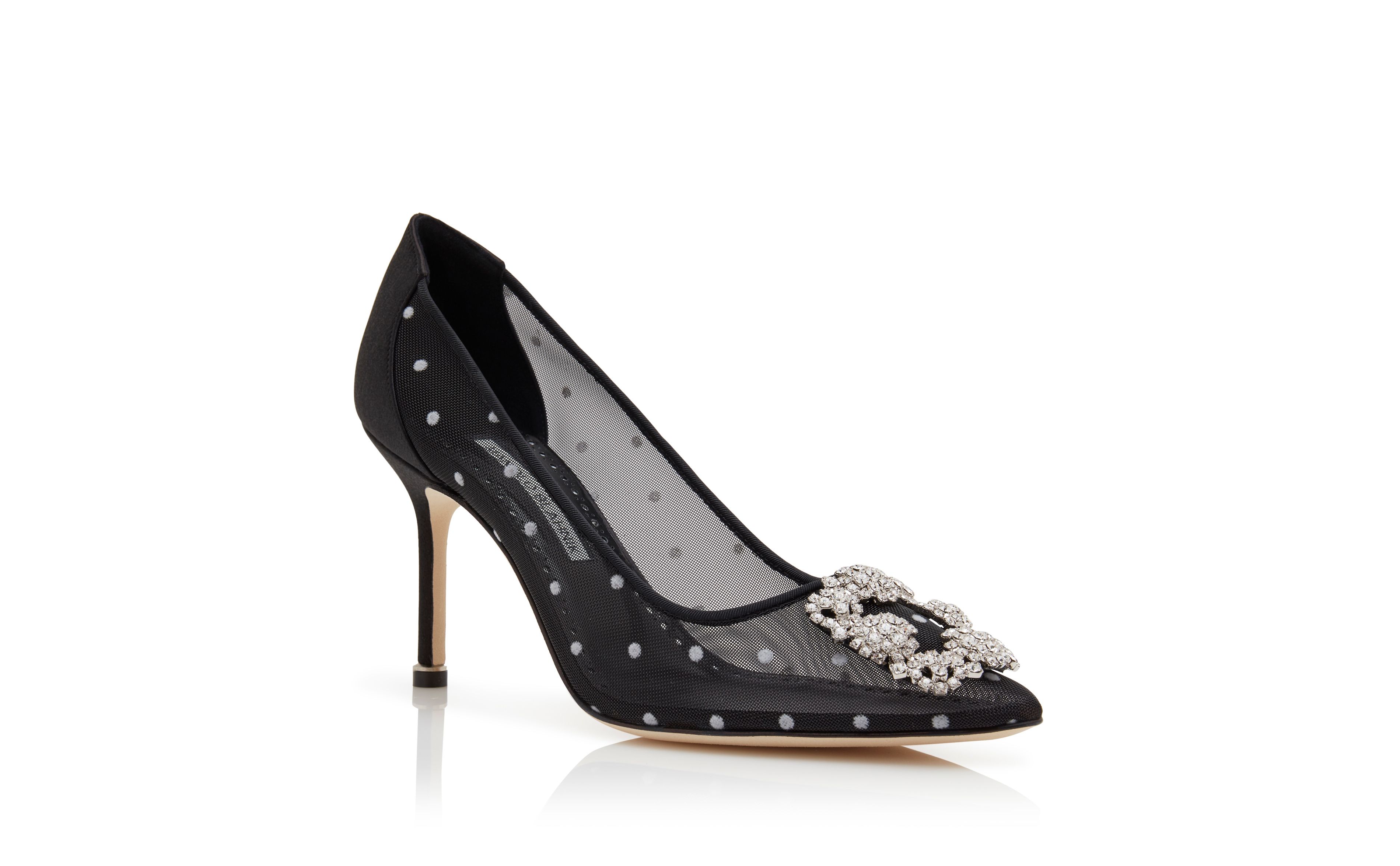 Designer Black and White Mesh Jewel Buckle Pumps - Image Upsell