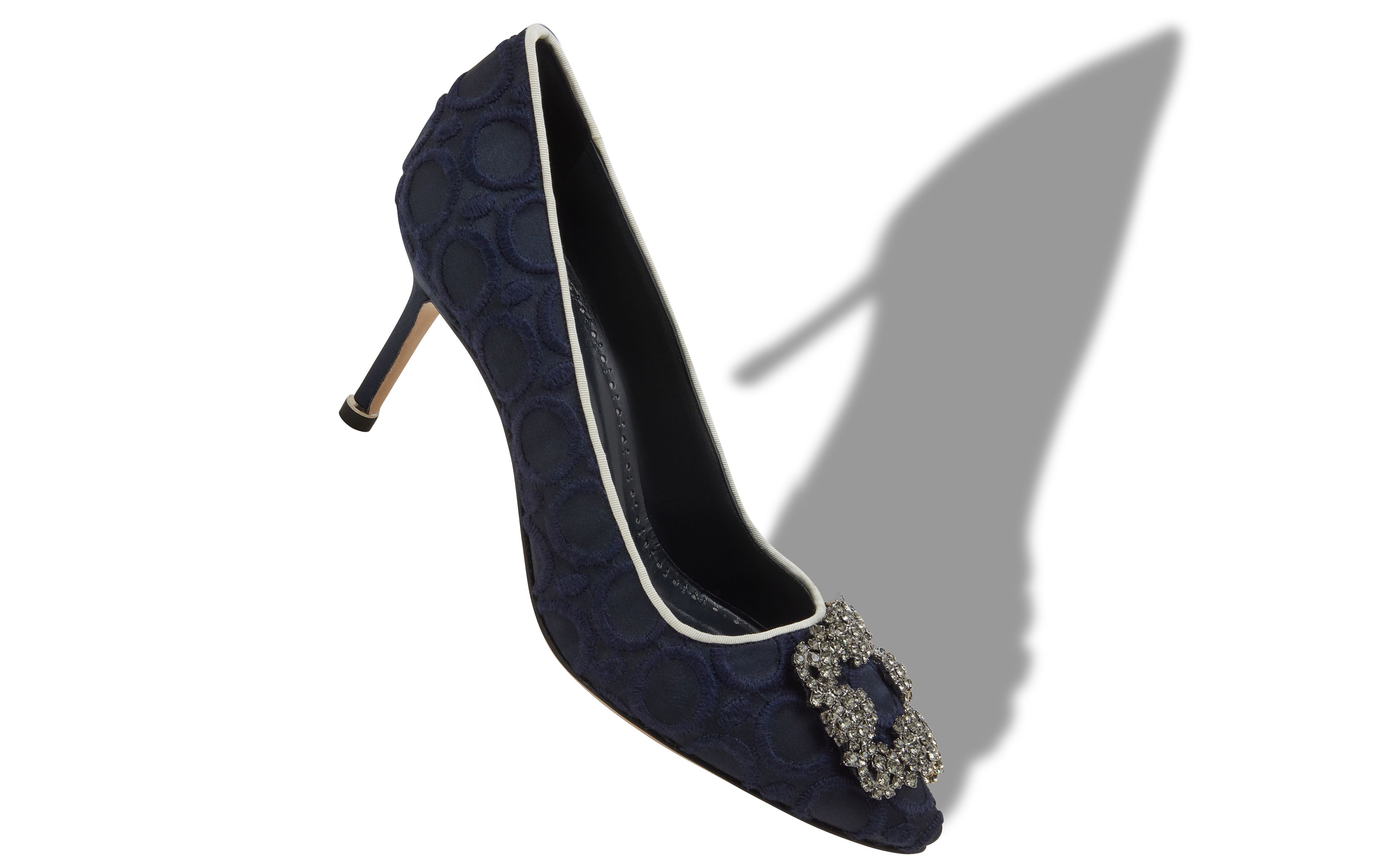 Designer Navy Blue Silk Jewel Buckle Pumps - Image Main View