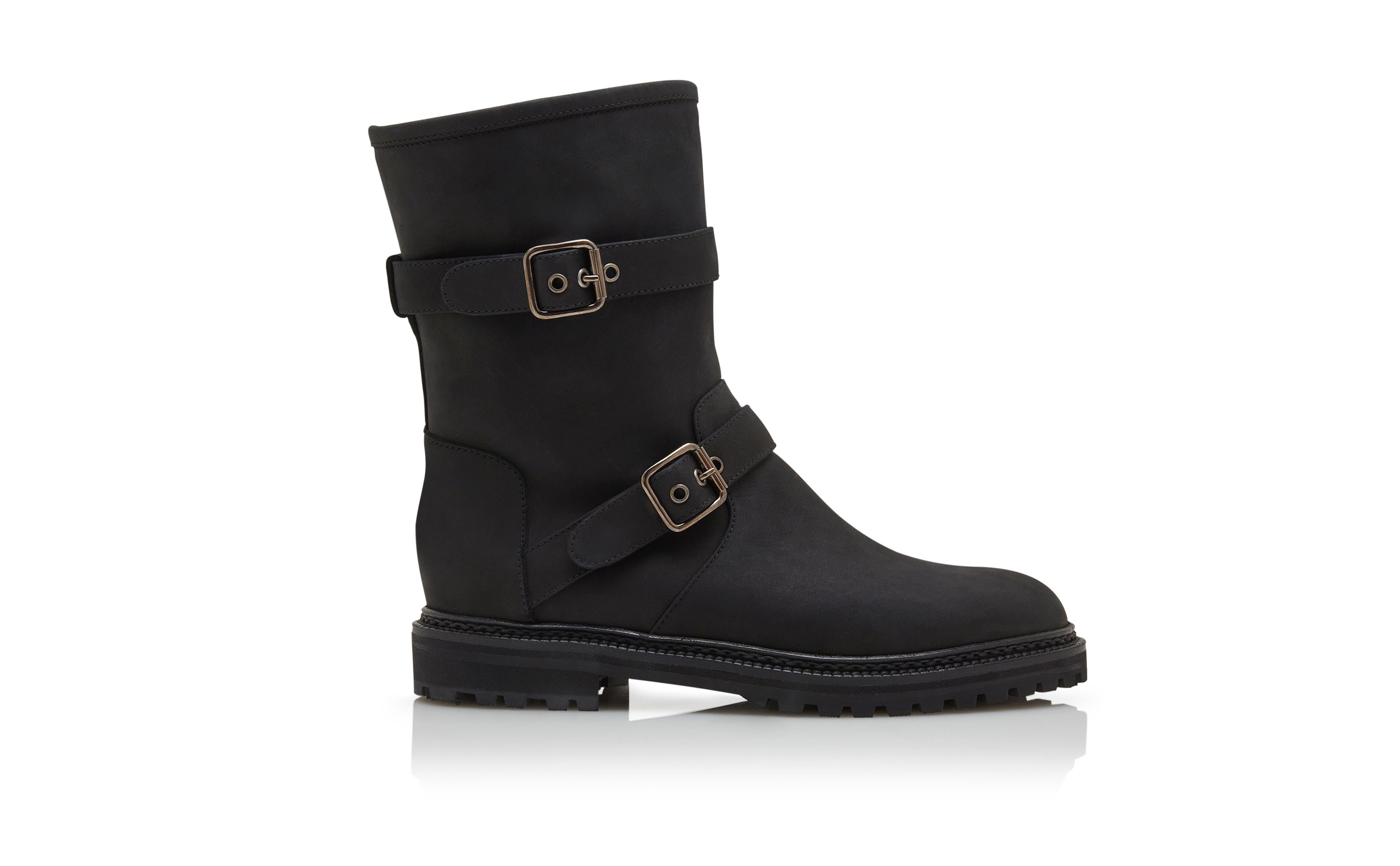 Designer Black Nubuck Dual Buckle Ankle Boots  - Image Side View