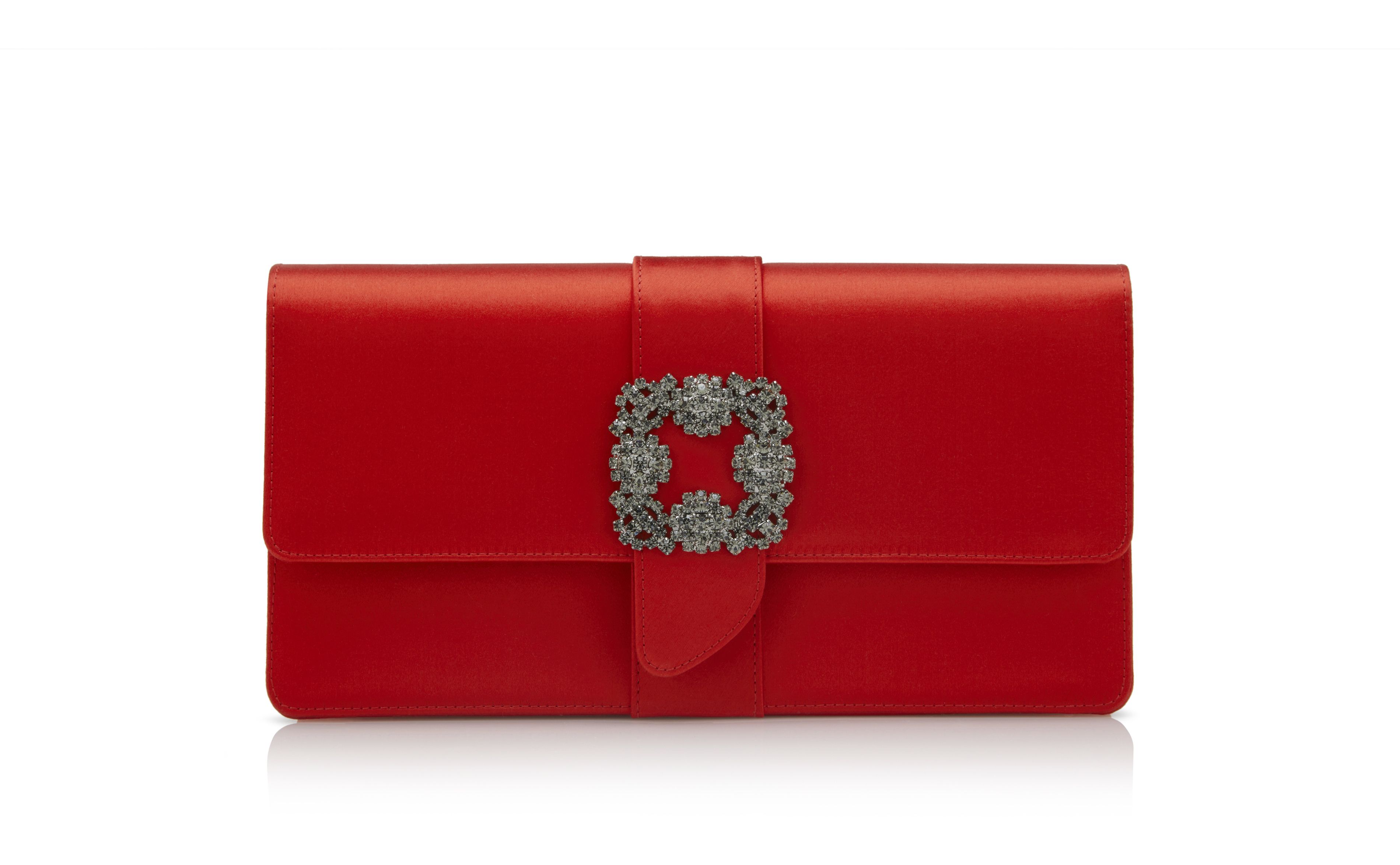 Designer Red Satin Jewel Buckle Clutch - Image Side View