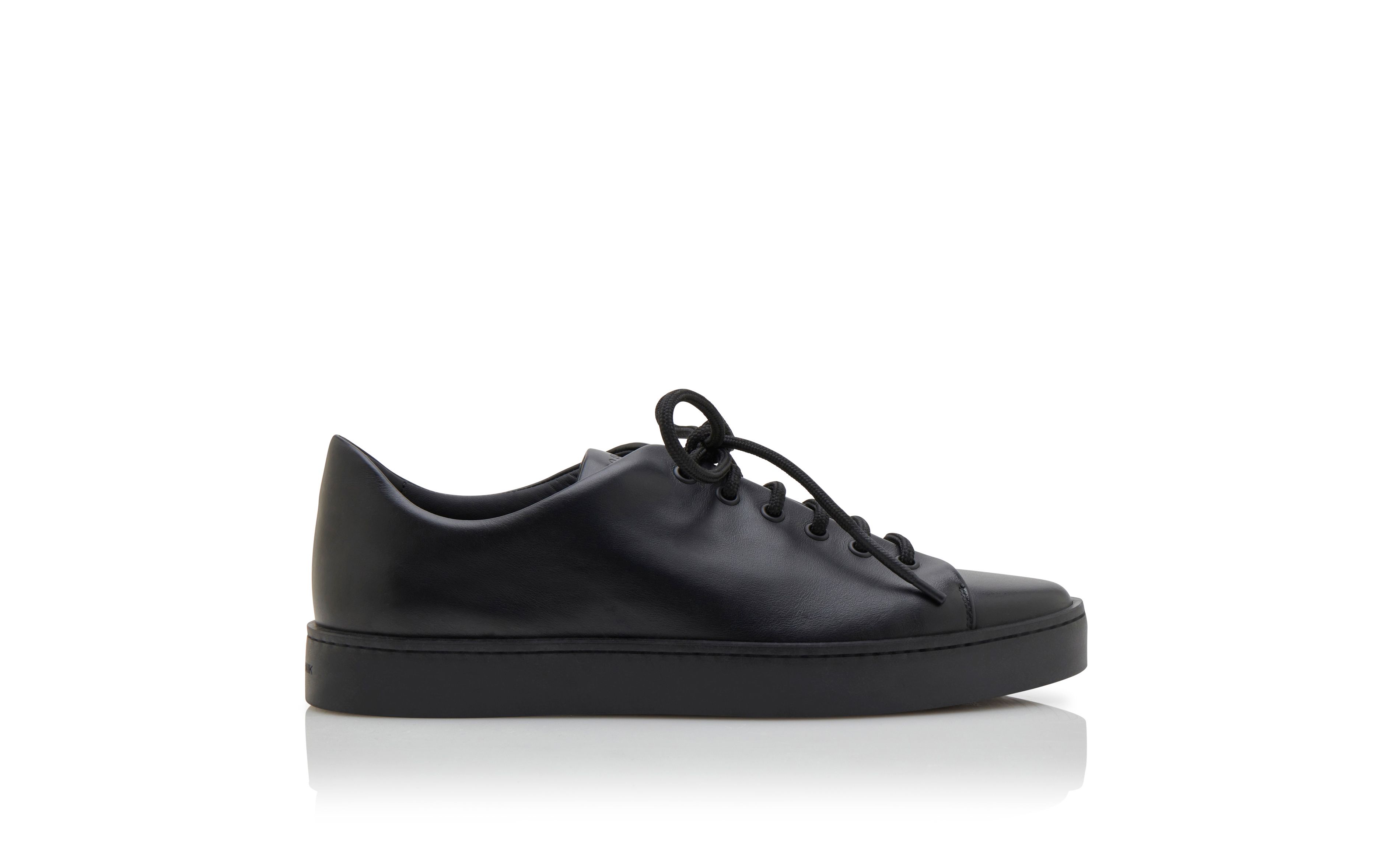 Designer Black Calf Leather Sneakers - Image Side View