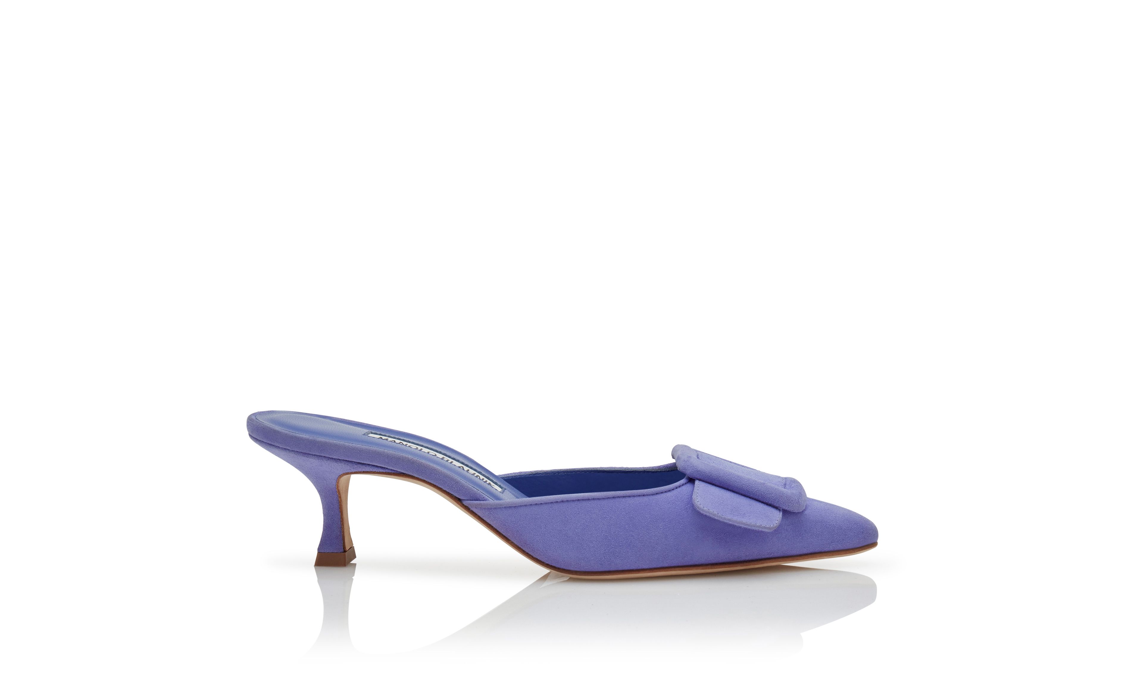Designer Lavender Suede Buckle Mules - Image Side View