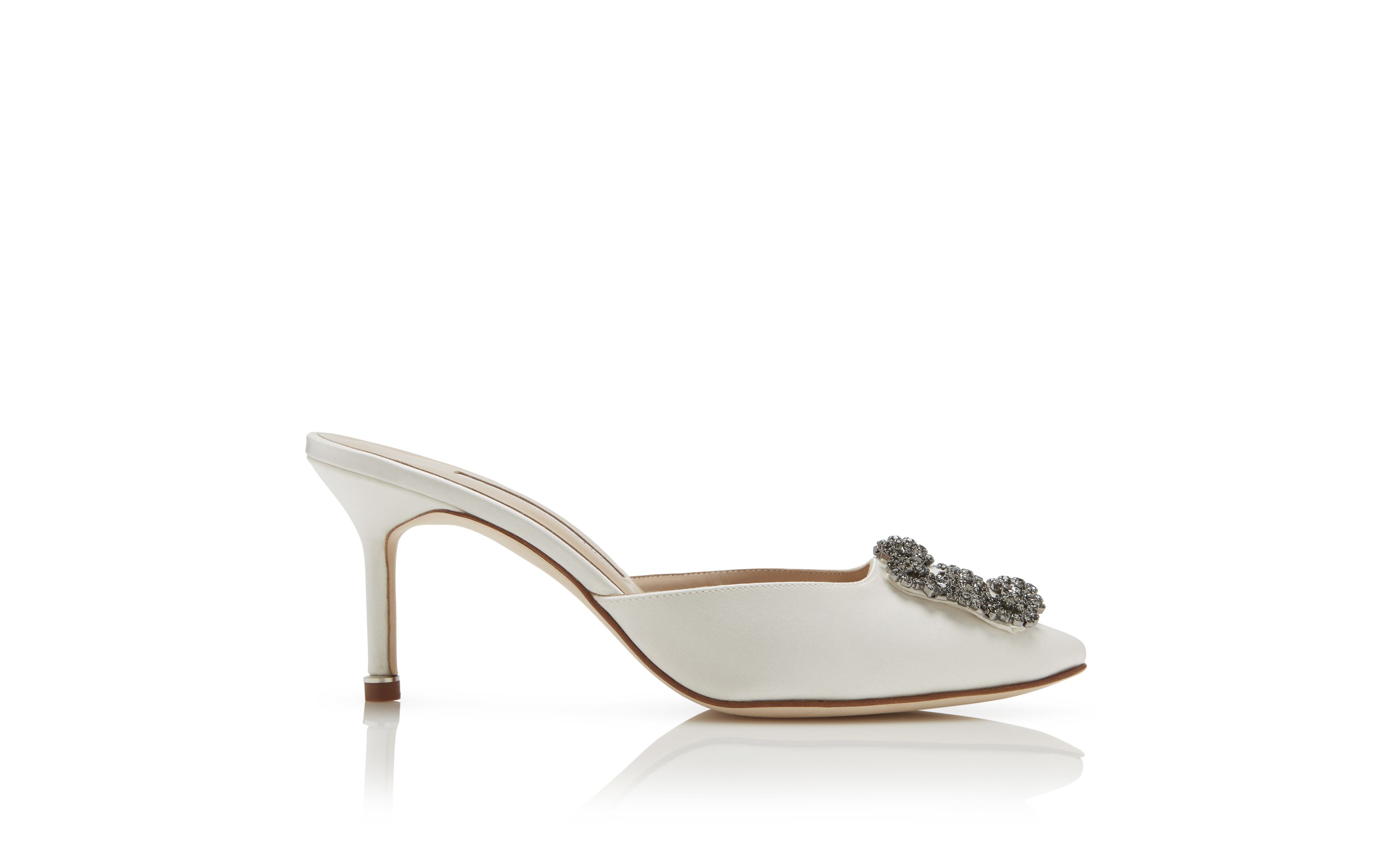 Designer Off-White Satin Jewel Buckle Mules - Image Side View