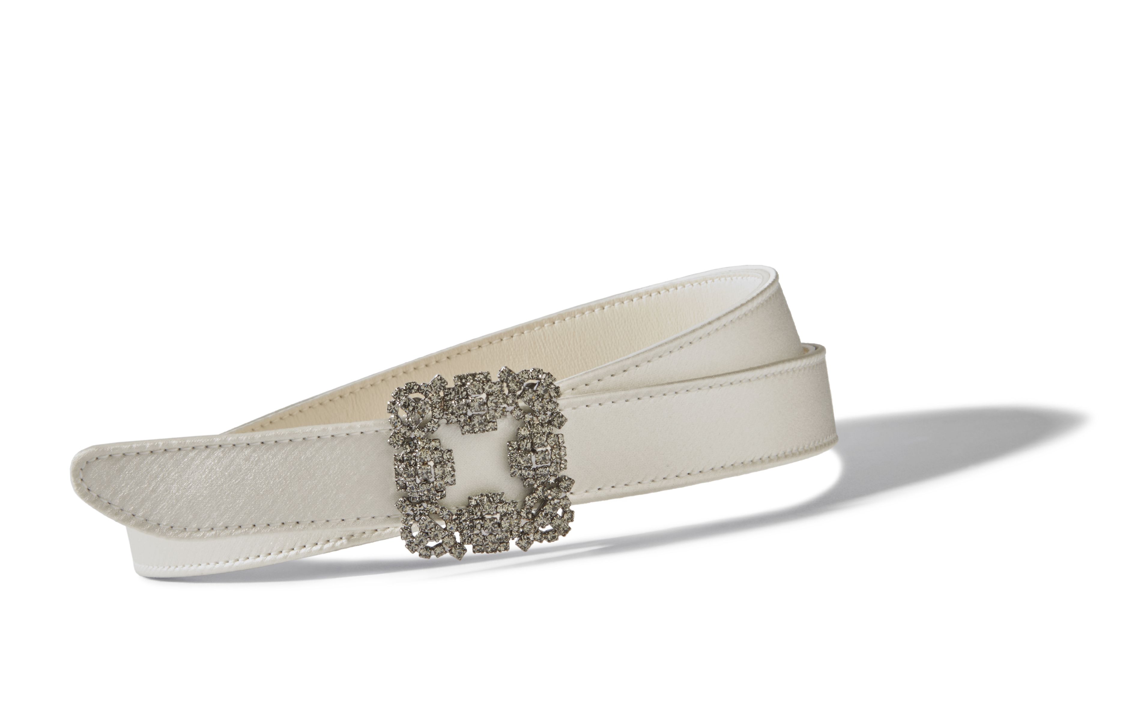 HANGISI BELT MINI | Off-White Satin Crystal Buckled Belt | Manolo Blahnik