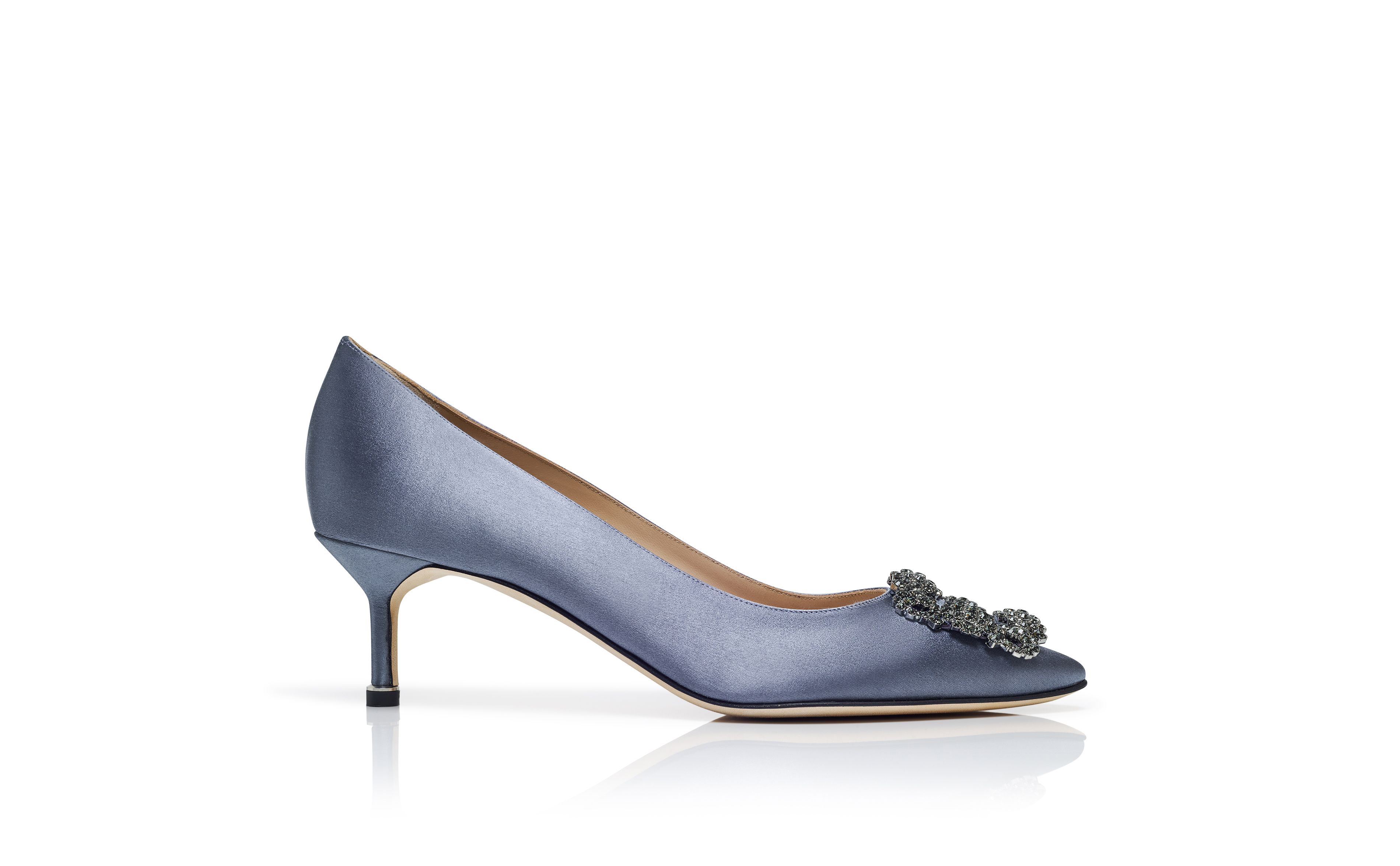 Designer Grey Satin Jewel Buckle Pumps - Image Side View