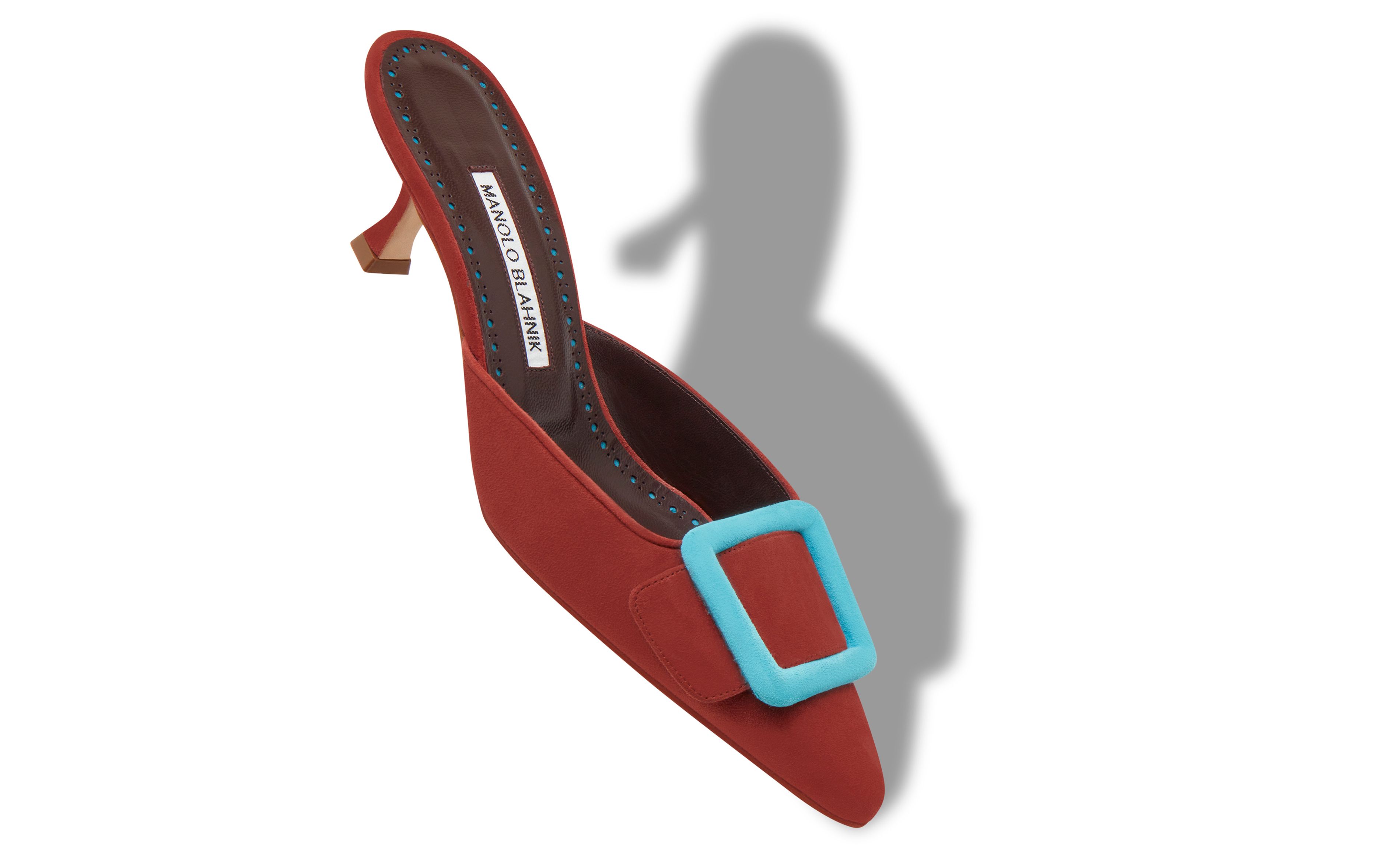 Designer Red and Light Blue Suede Buckle Mules - Image Main