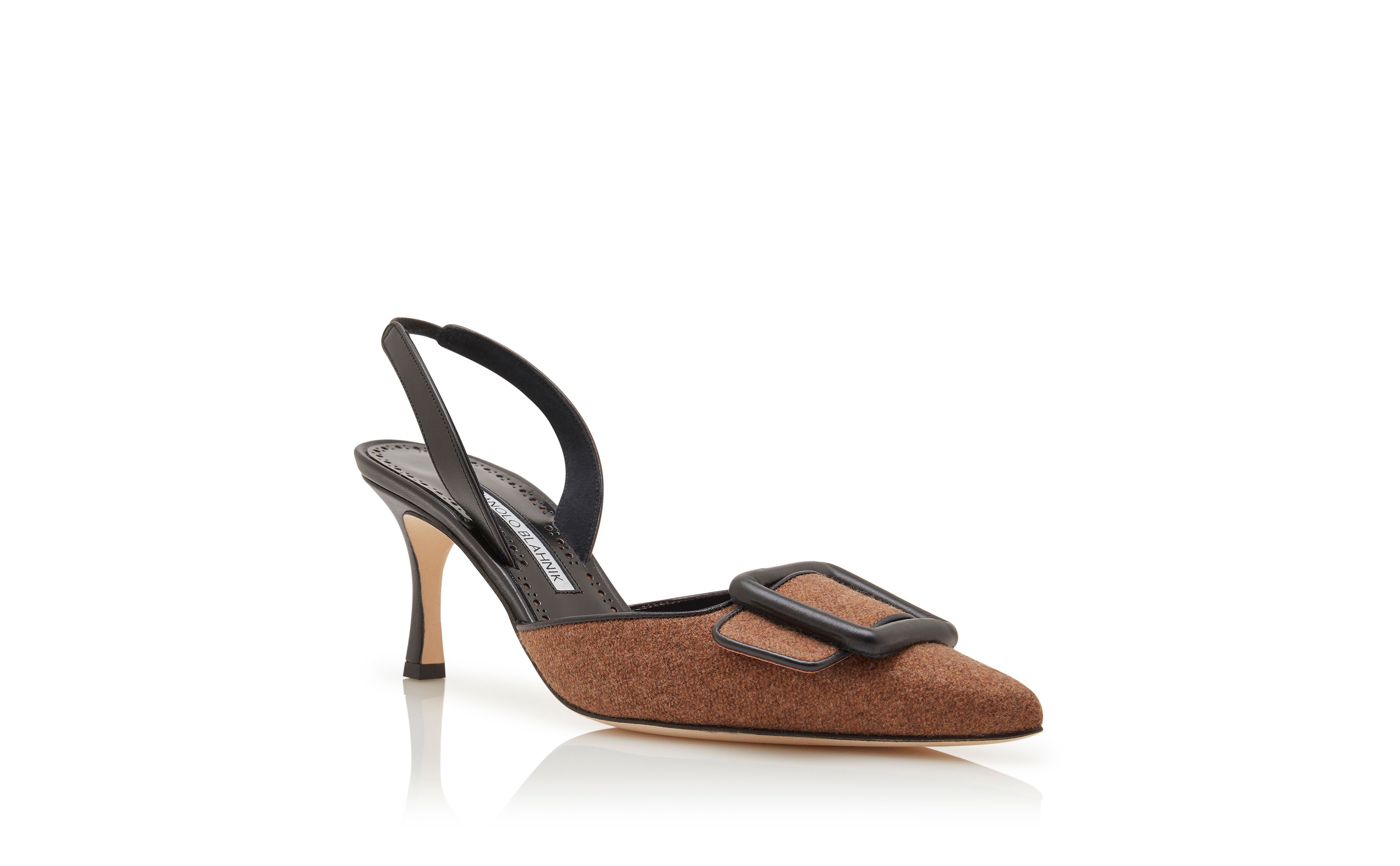 Designer Brown and Black Wool Buckle Detail Slingback Pumps - Image Upsell View