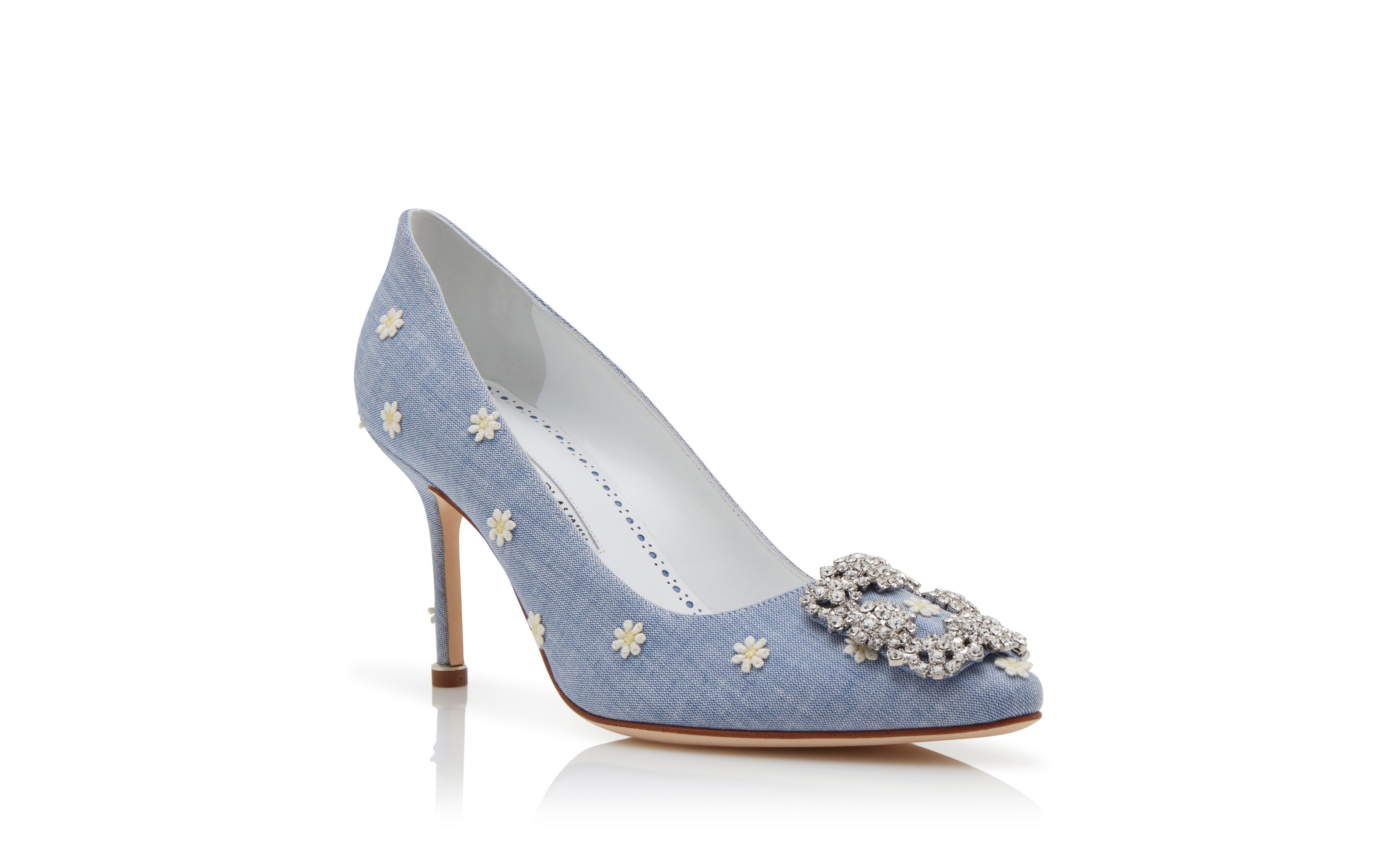 Designer Blue and White Chambray Jewel Buckle Pumps - Image Upsell