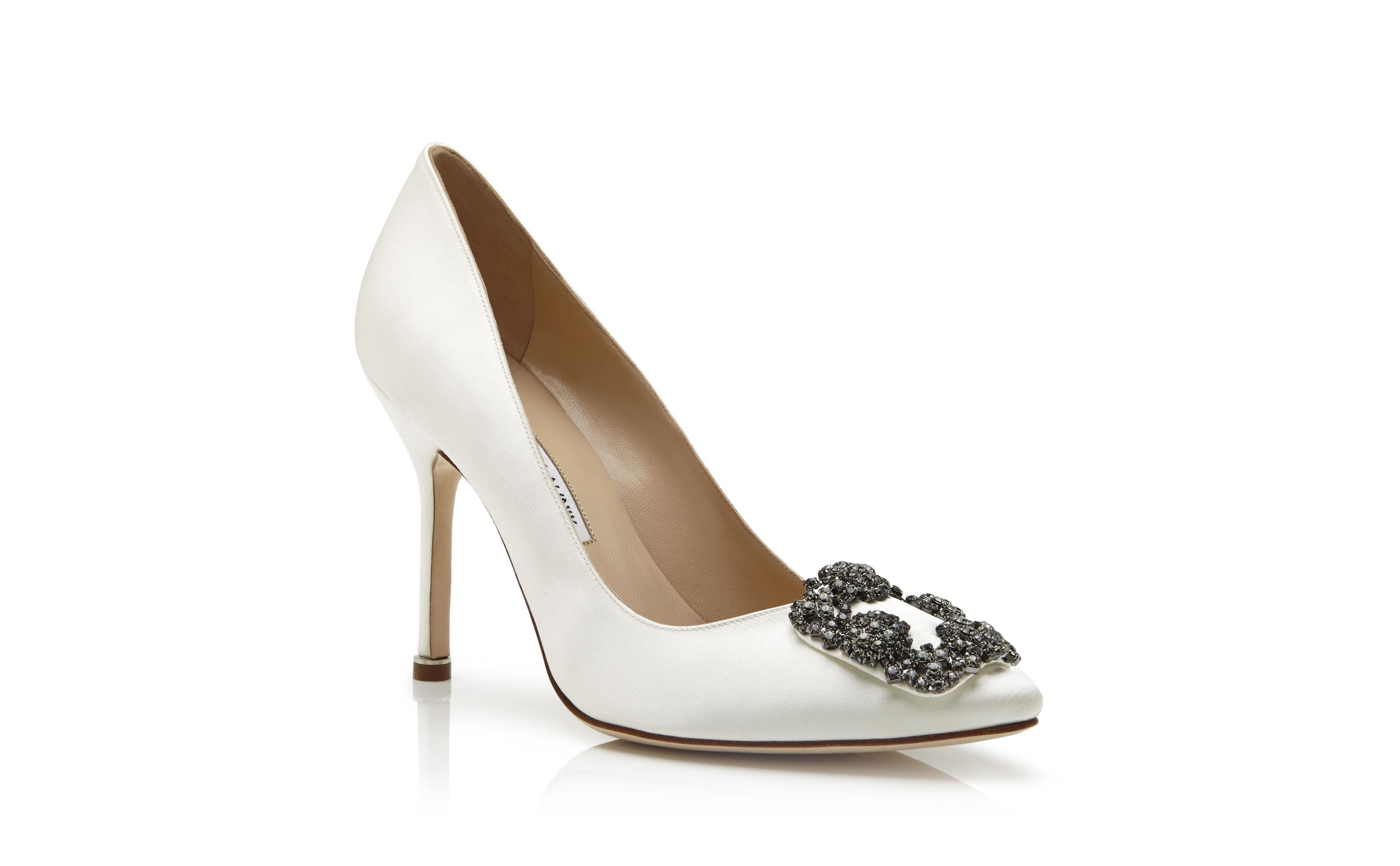 Designer White Satin Jewel Buckle Pumps - Image Upsell