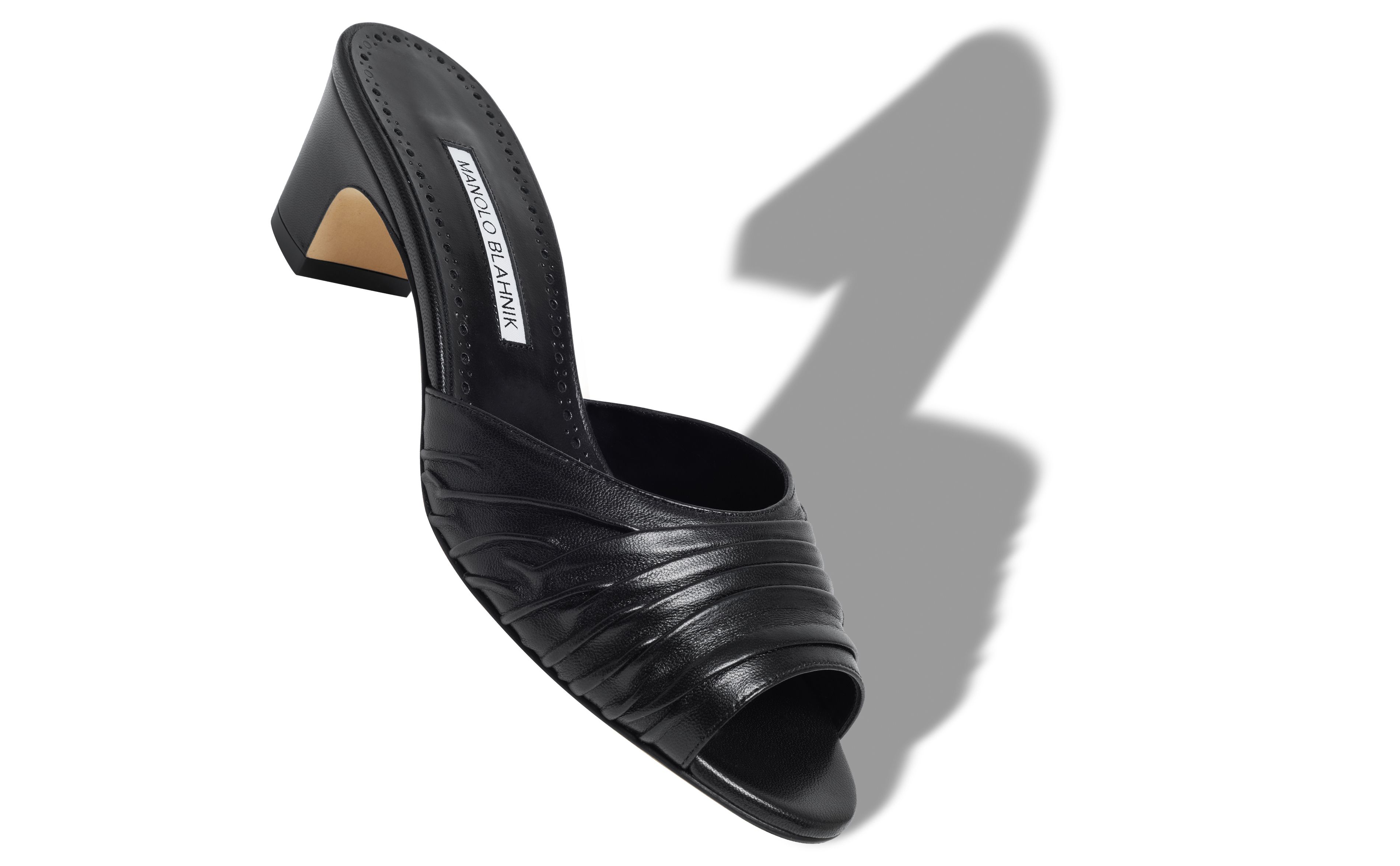 Designer Black Nappa Leather Ruched Open Toe Mules - Image small_image