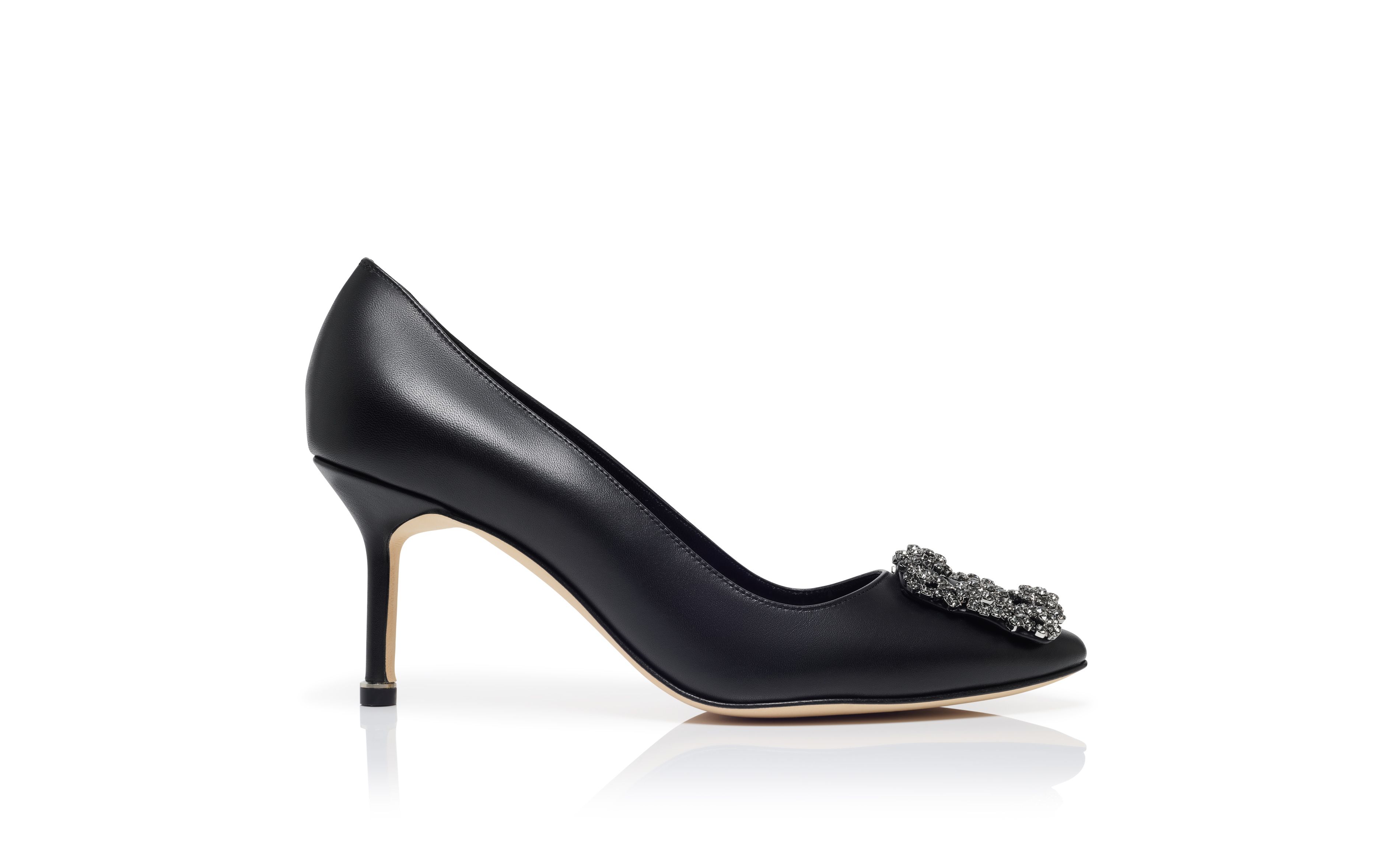 Designer Black Leather Jewel Buckle Pumps - Image Side View