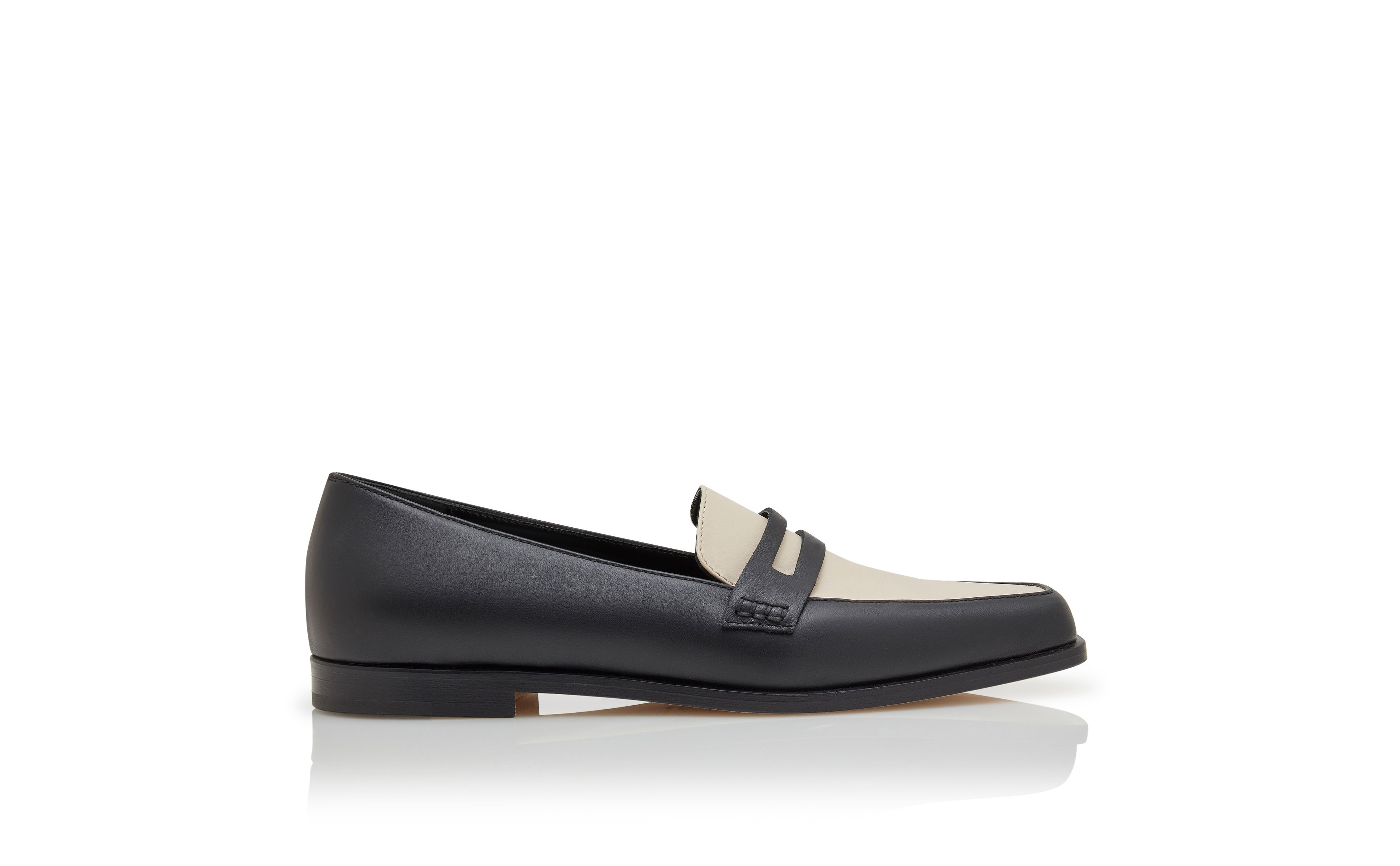 Designer Black and Cream Calf Leather Loafers - Image Side View