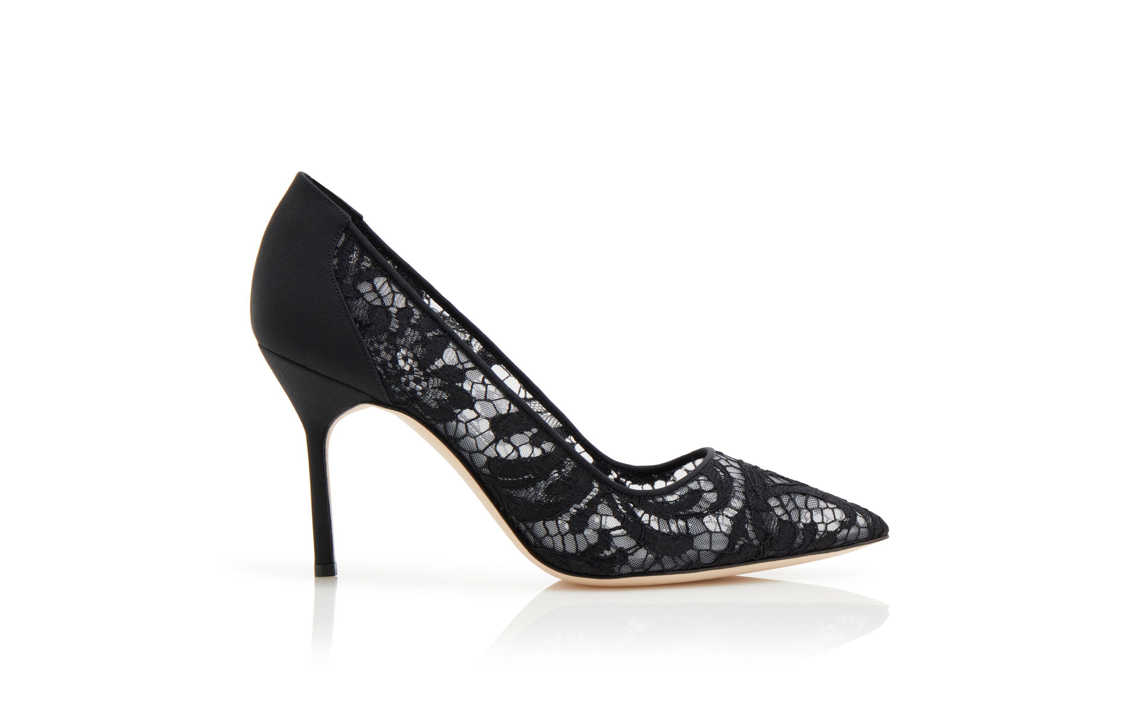 Designer Black Lace Pointed Toe Pumps - Image Side View