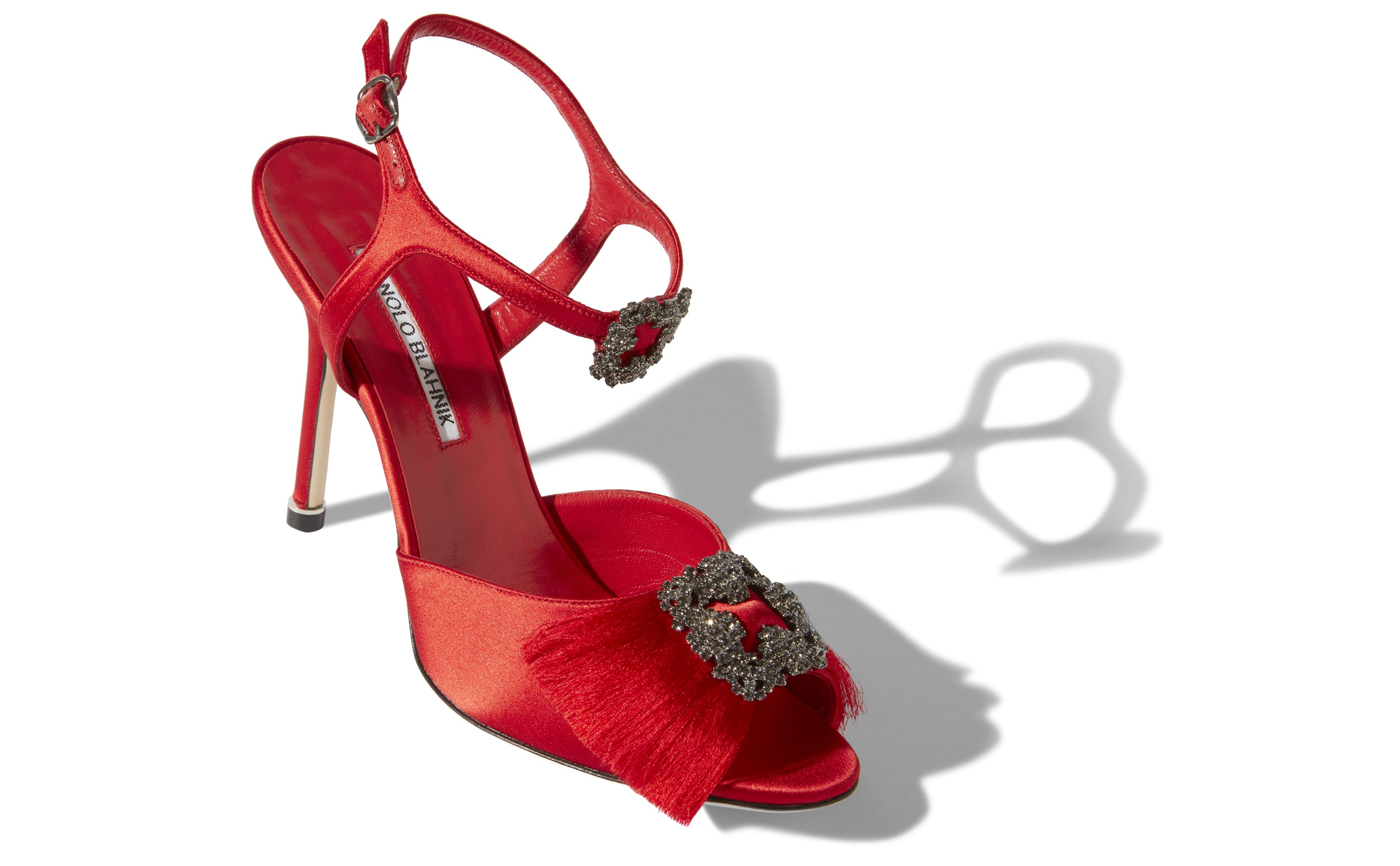 red satin sandals