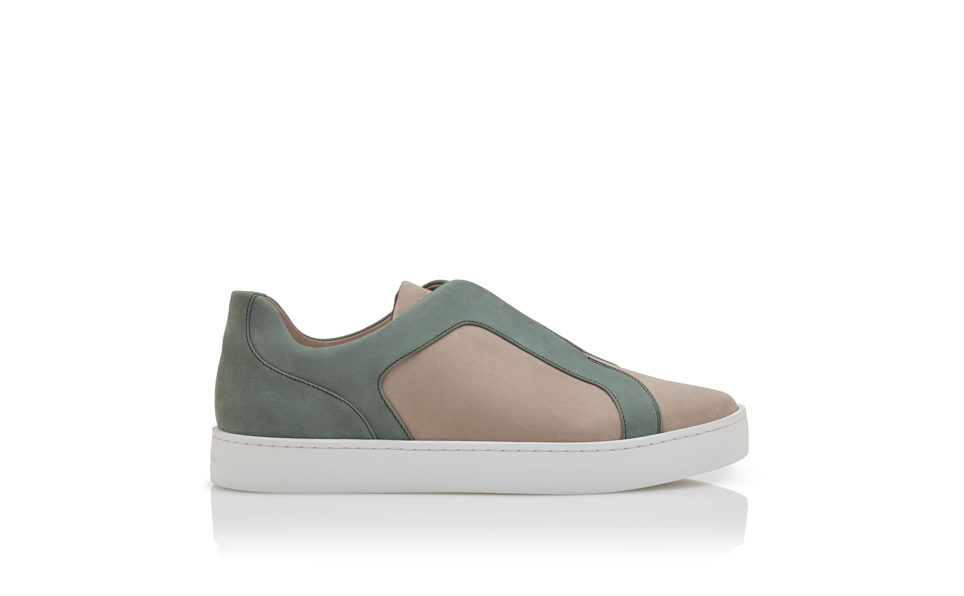 Designer Grey and Green Calf Leather Low Cut Sneakers - Image Side View