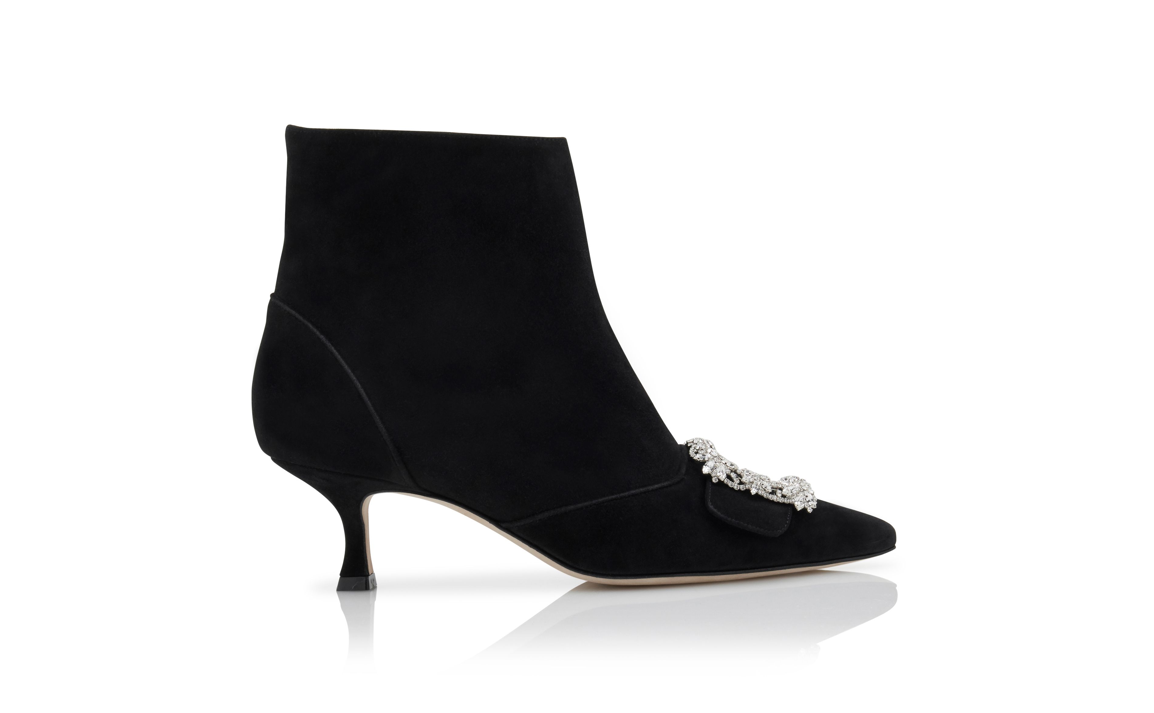 Designer Black Suede Crystal Buckle Ankle Boots - Image Side View