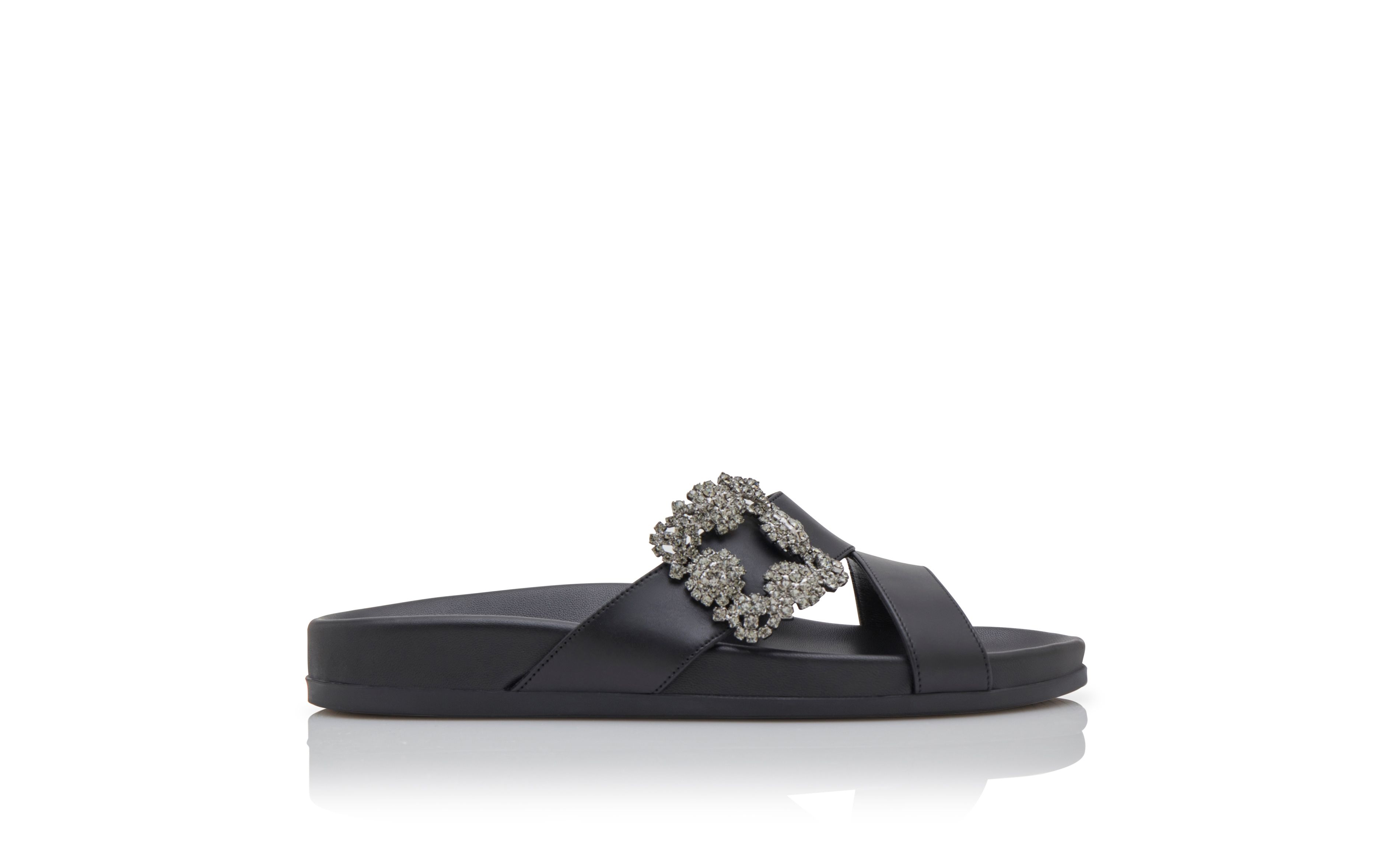 Designer Black Calf Leather Jewel Buckle Flat Mules - Image thumbnail