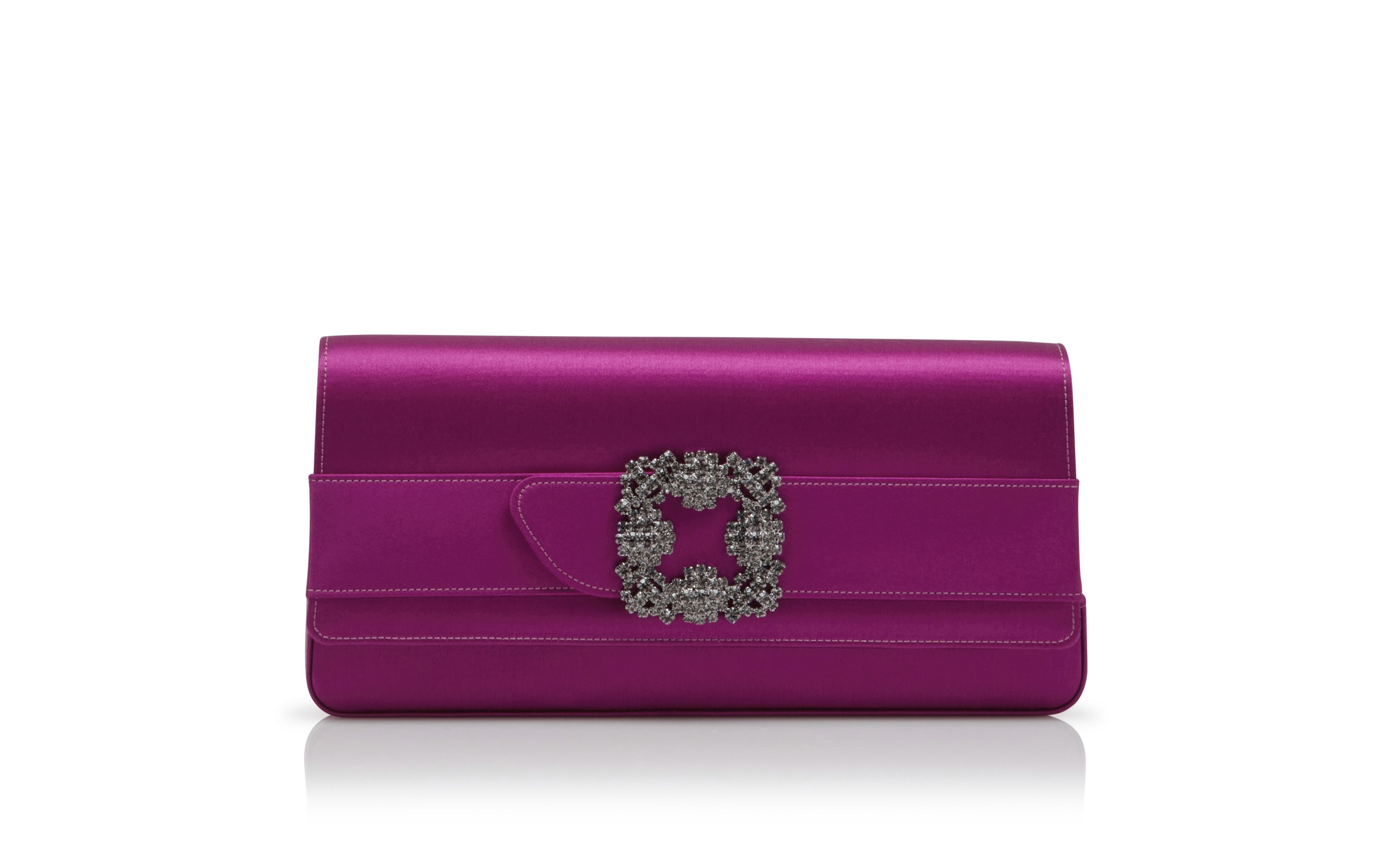 Designer Dark Fuchsia Satin Jewel Buckle Clutch - Image Side View