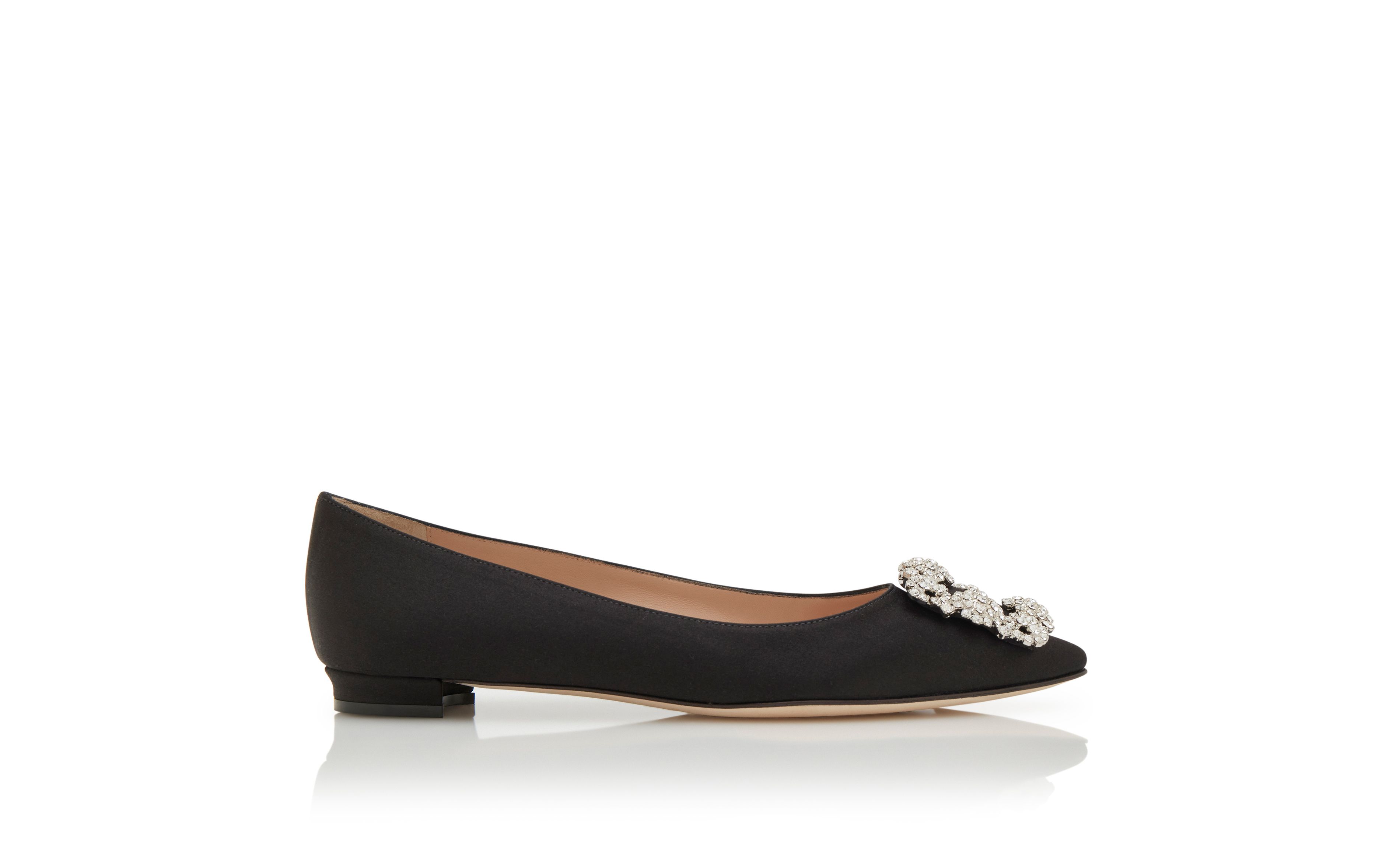 Designer Black Satin Jewel Buckle Flat Pumps - Image Side View