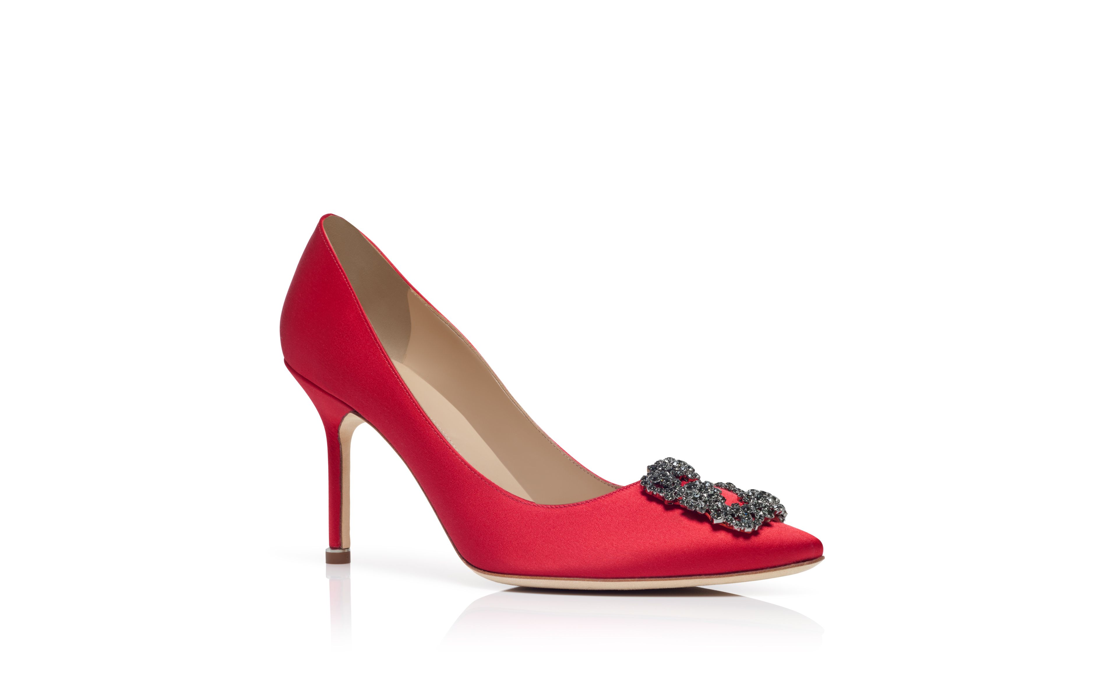 Designer Red Satin Jewel Buckle Pumps - Image Upsell View