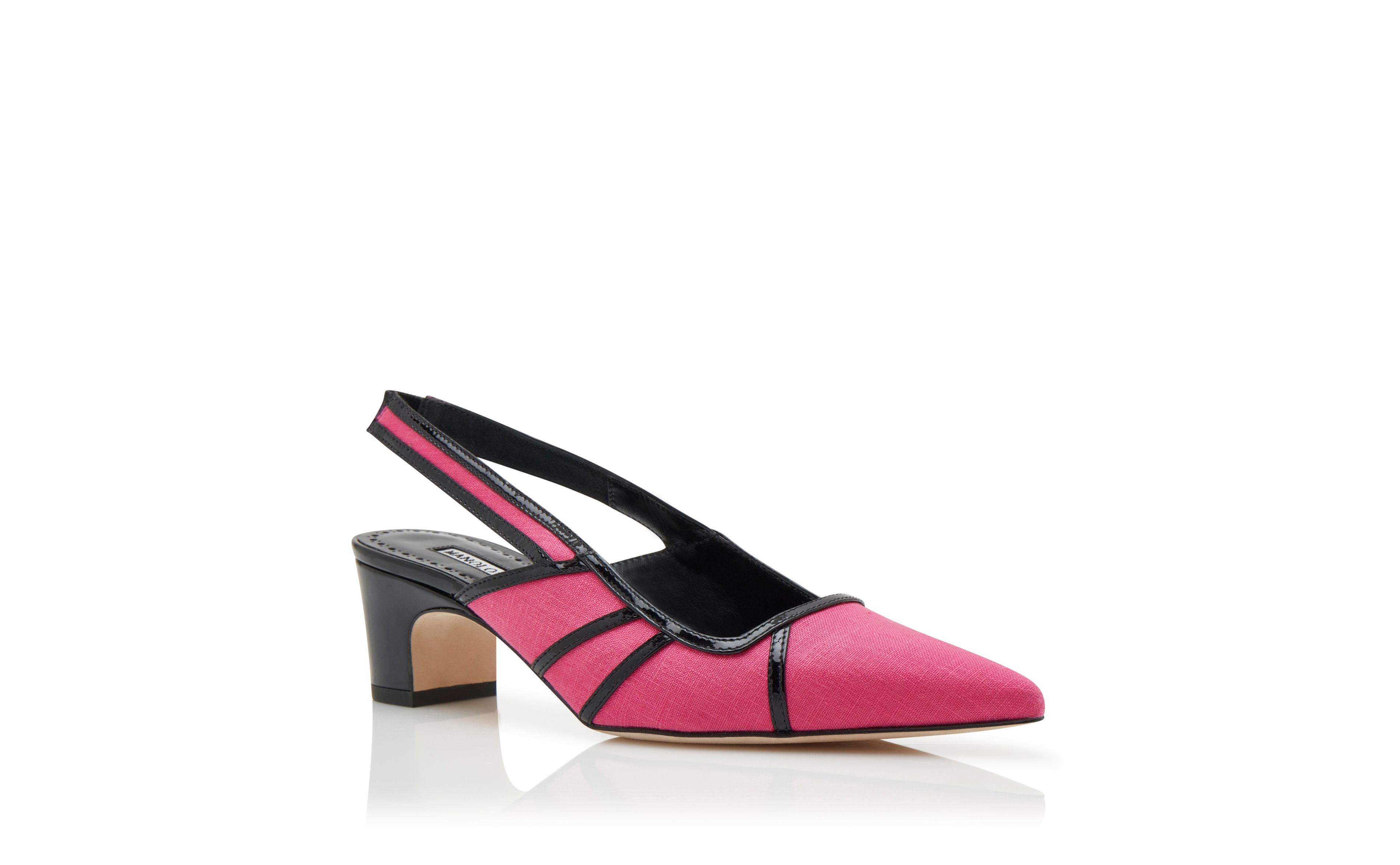 Designer Pink and Black Linen Geometric Slingback Pumps - Image Upsell