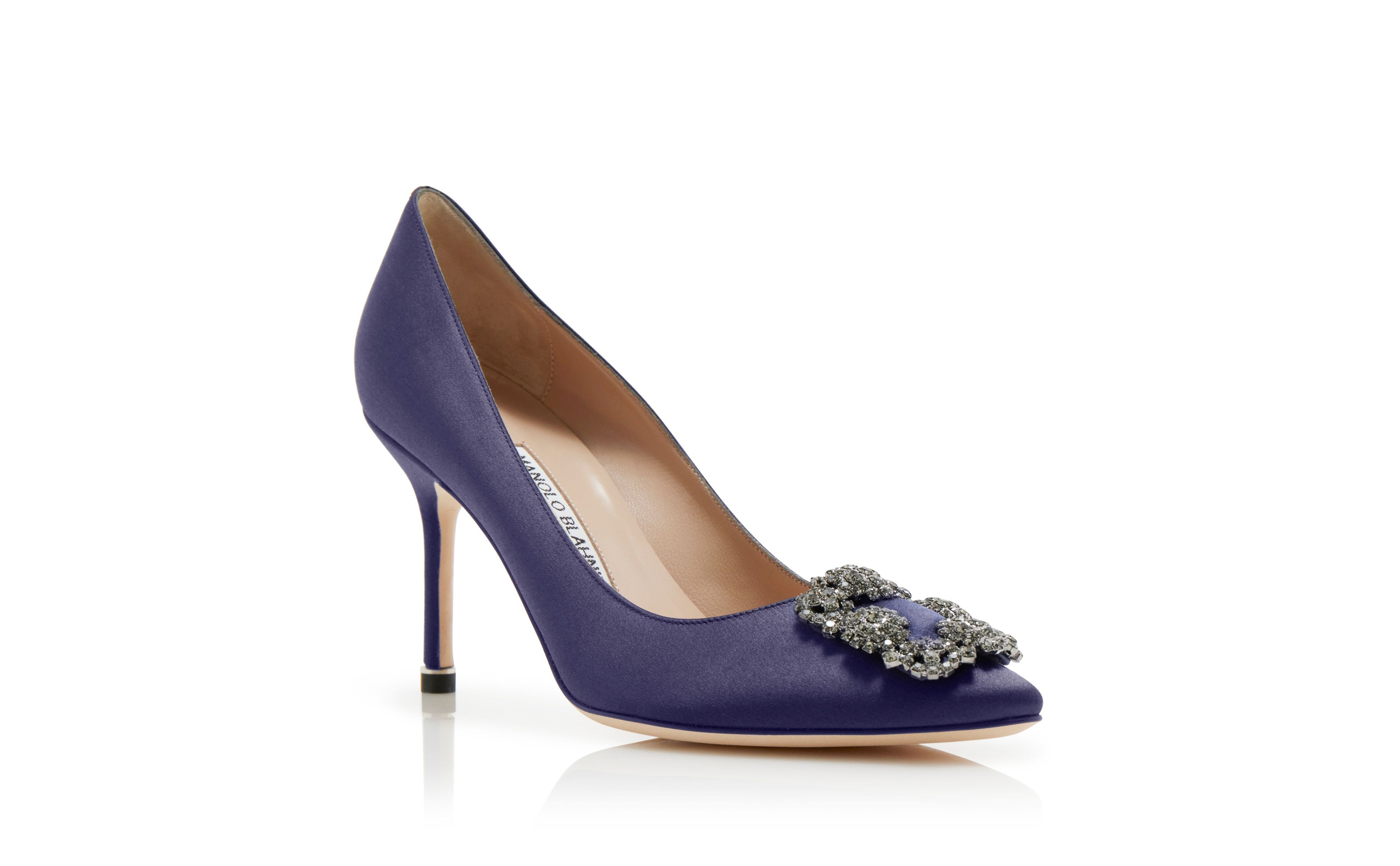 Designer Navy Blue Satin Jewel Buckle Pumps - Image Upsell View
