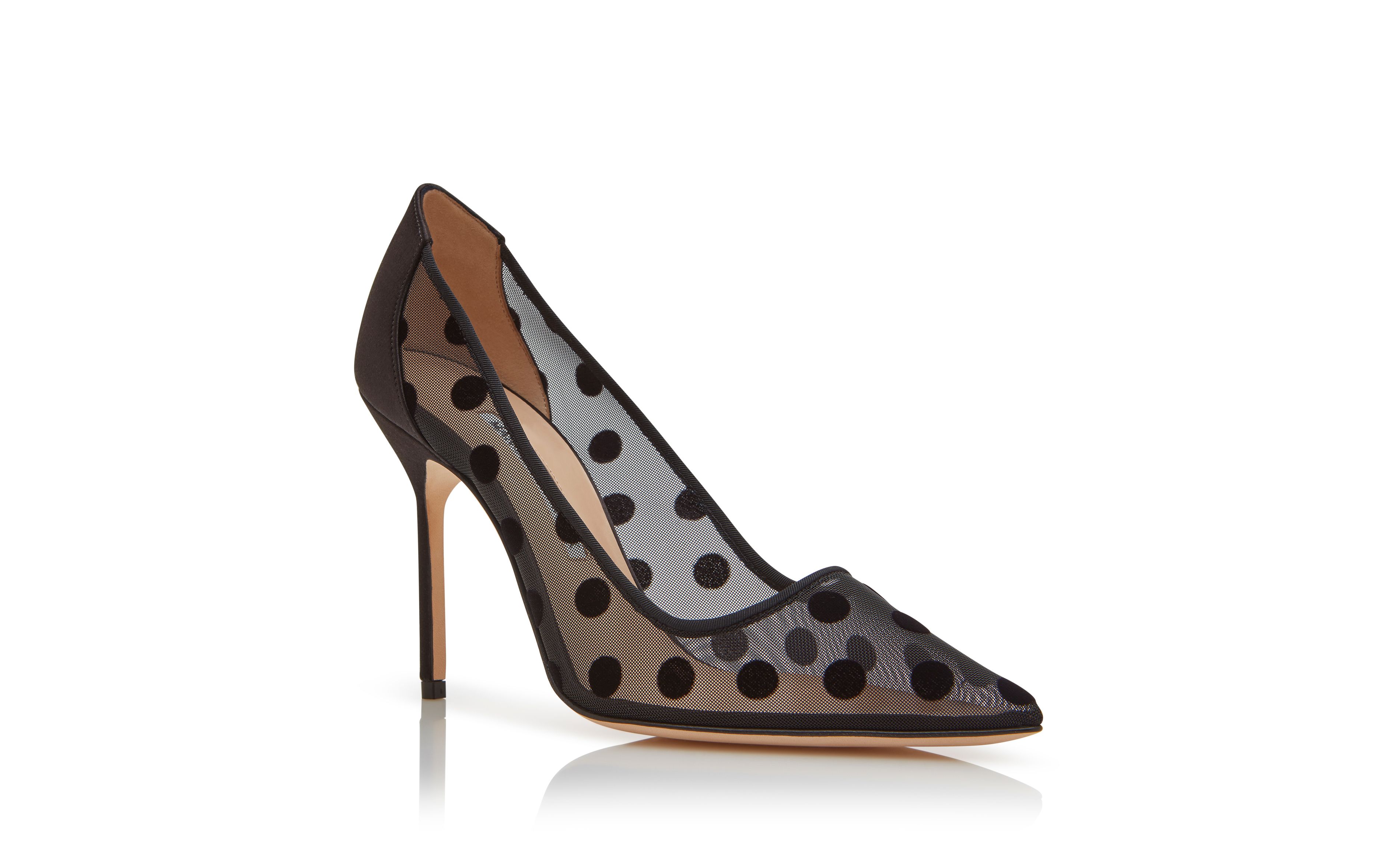 Designer Black Mesh Polka Dot Pointed Toe Pumps - Image Upsell