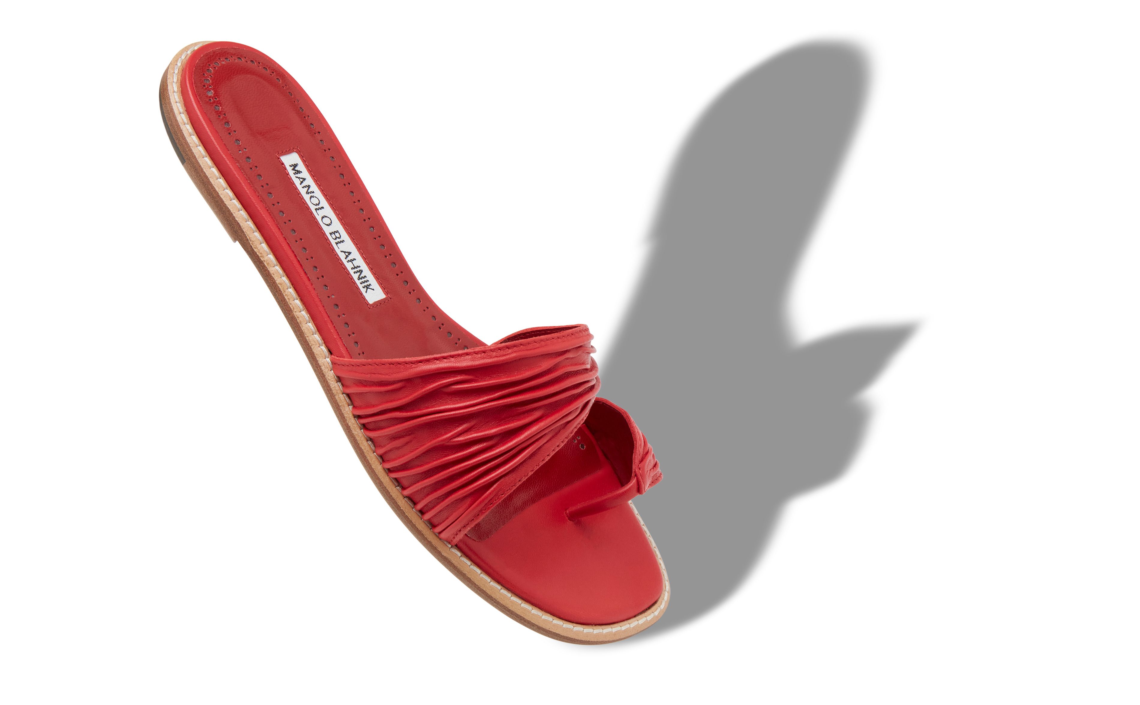 Designer Red Nappa Leather Gathered Flat Sandals  - Image Main