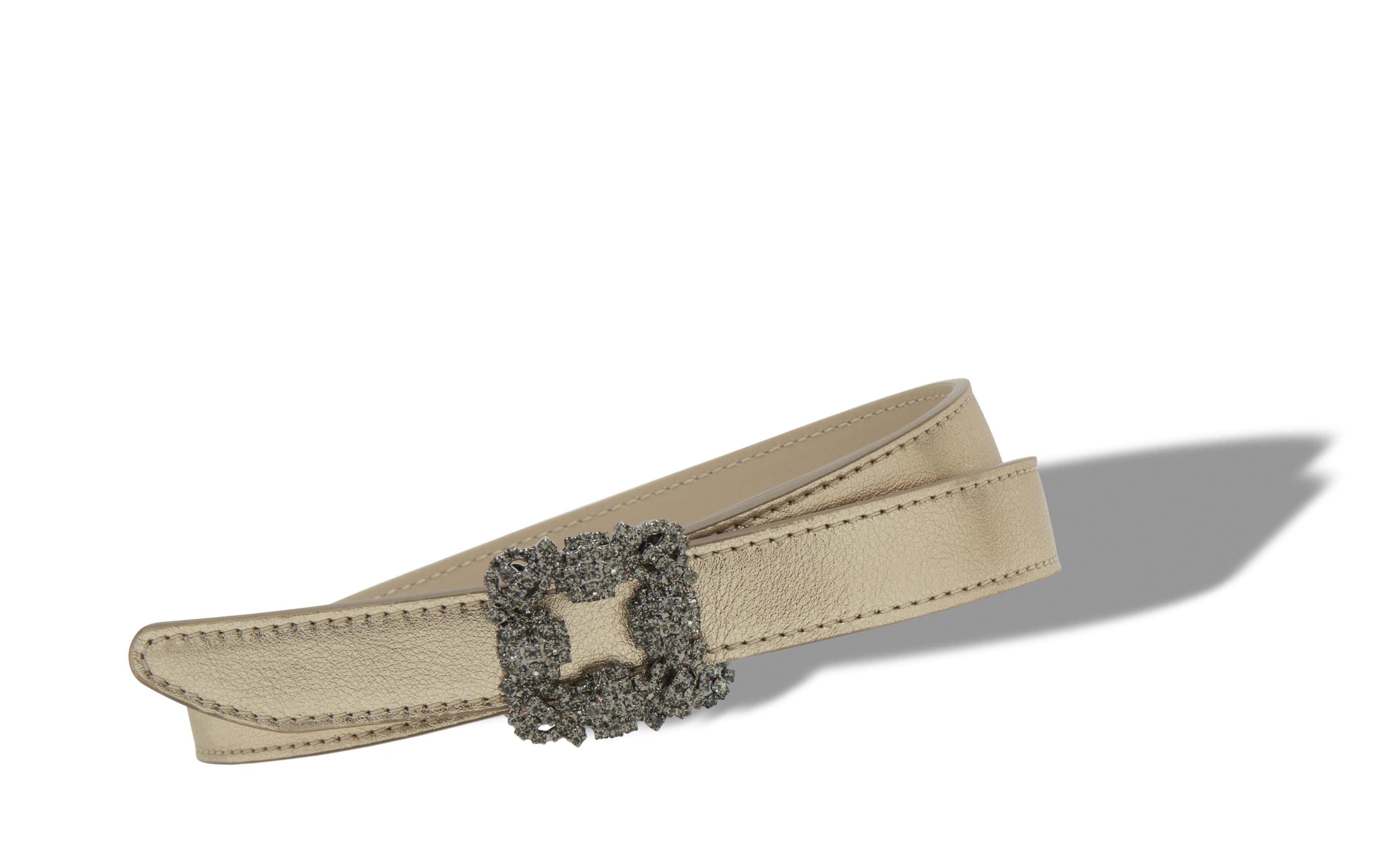 Designer Gold Nappa Leather Crystal Buckled Belt - Image Main