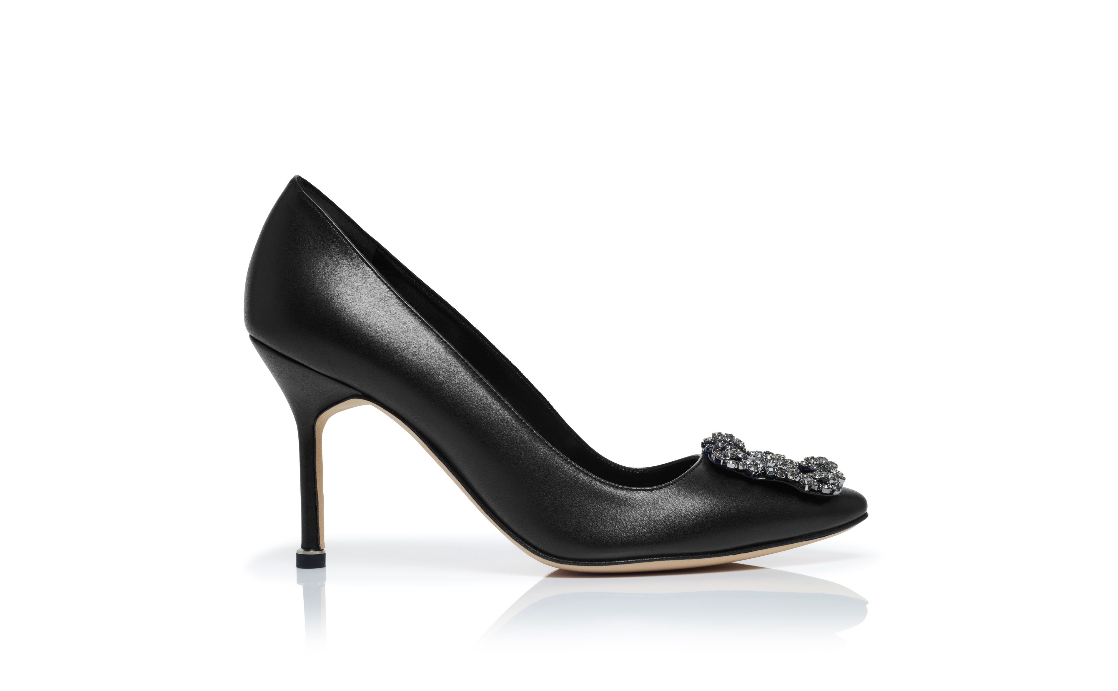 Designer Black Calf Leather Jewel Buckle Pumps - Image Side View