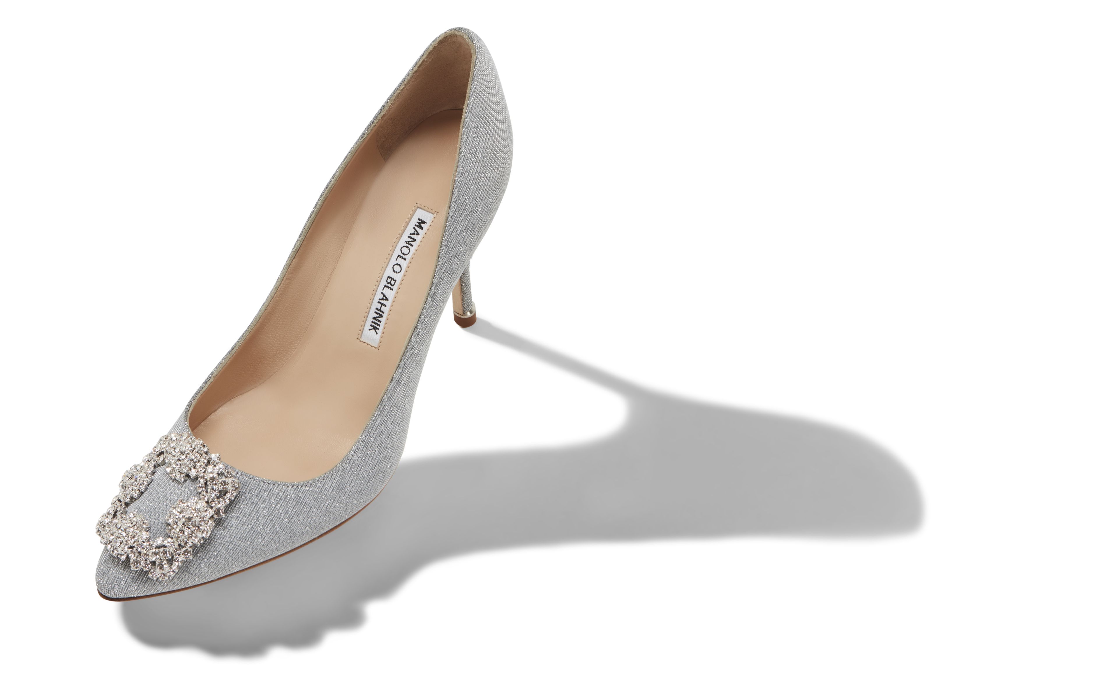 Designer Silver Glitter Fabric Jewel Buckle Pumps - Image Main