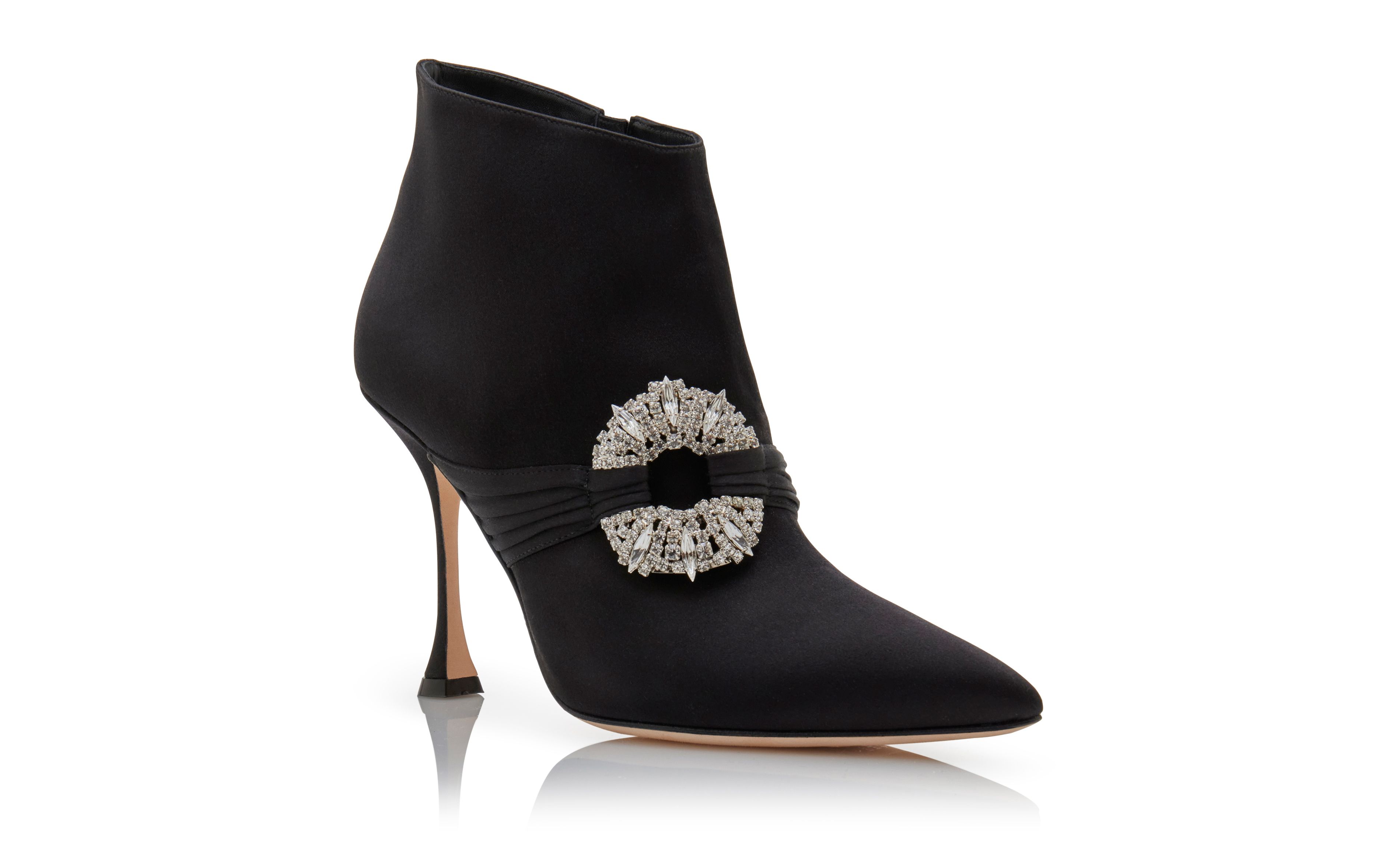 Designer Black Satin Embellished Buckle Ankle Boots - Image Upsell