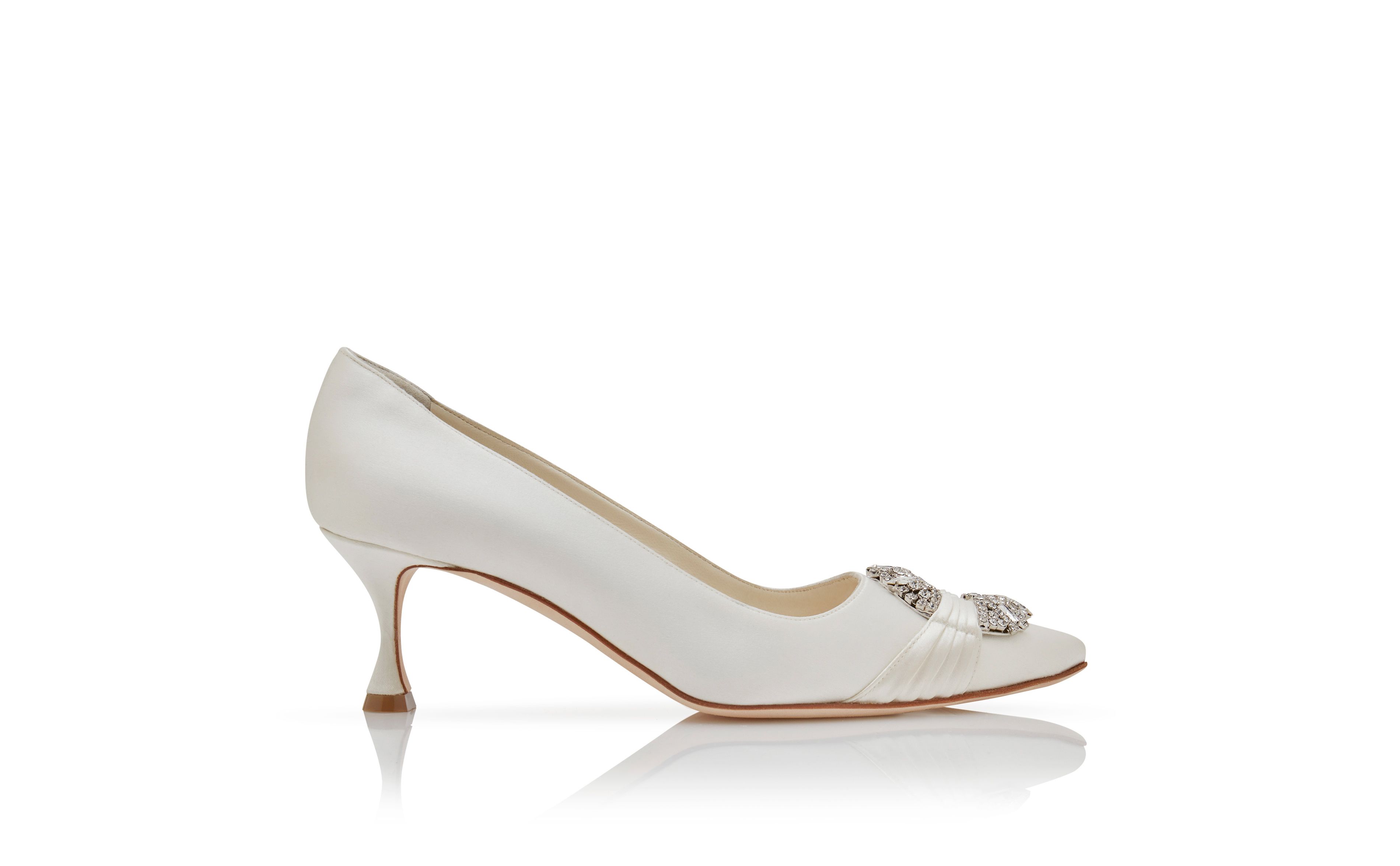 Designer Cream Satin Embellished Buckle Pumps  - Image Side View