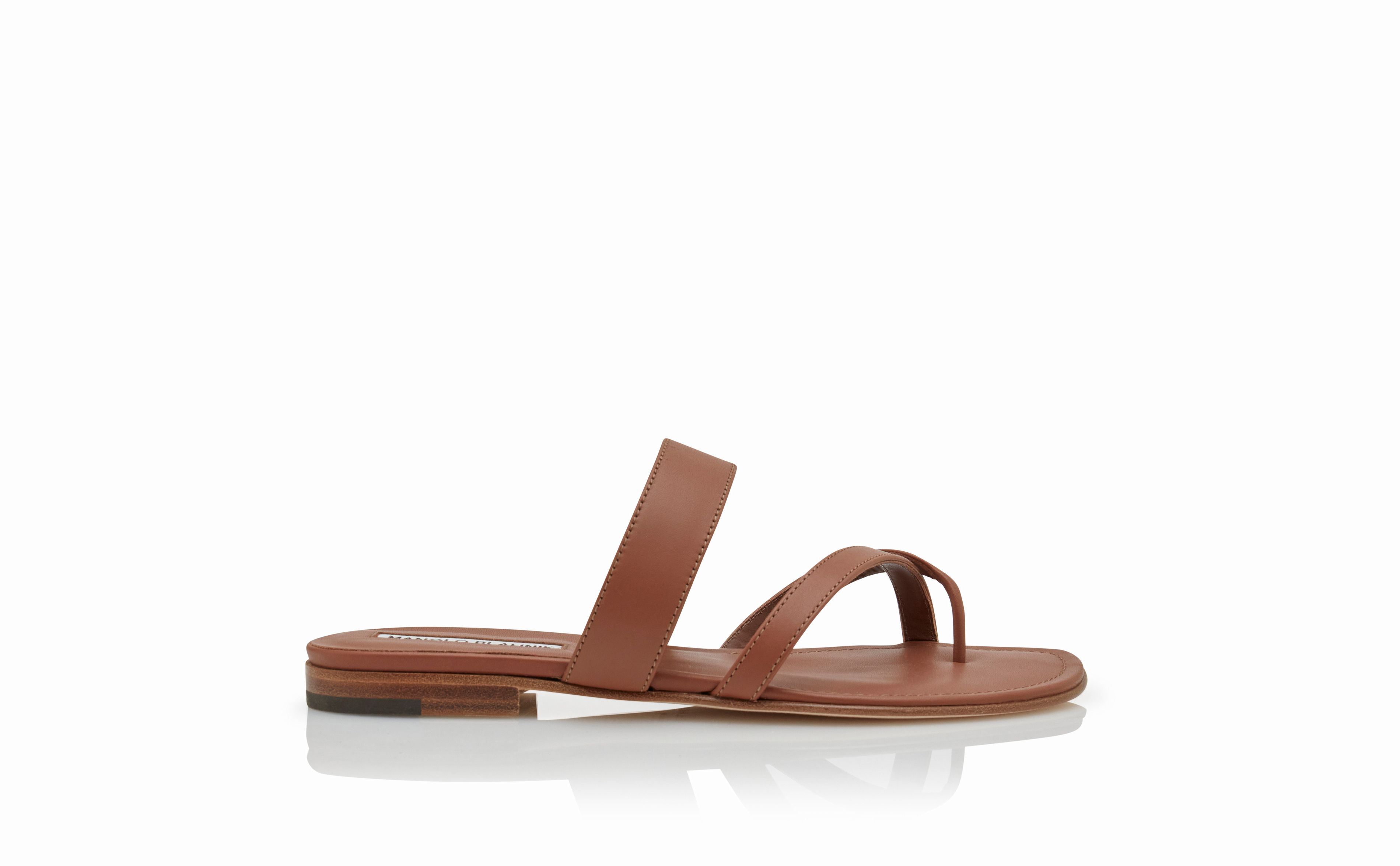 Designer Brown Calf Leather Flat Sandals - Image Side View