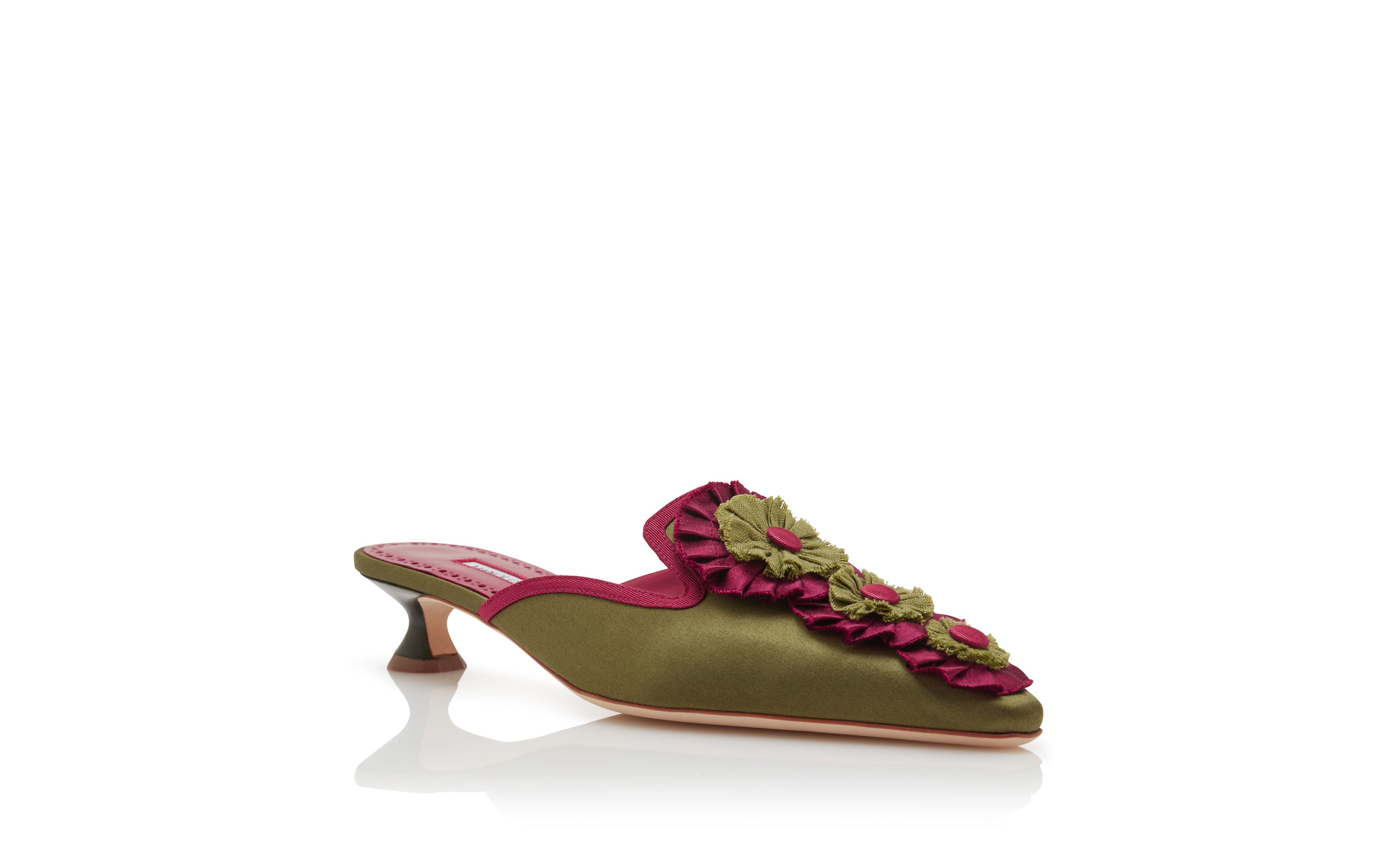 Designer Khaki Silk Rosettes Detail Mules - Image Upsell View
