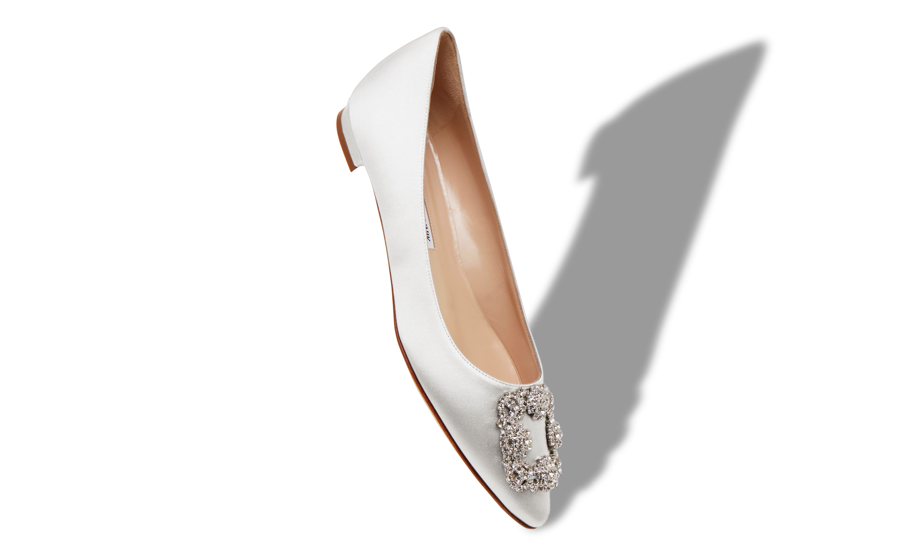 Designer Light Cream Satin Jewel Buckle Flat Pumps - Image Main