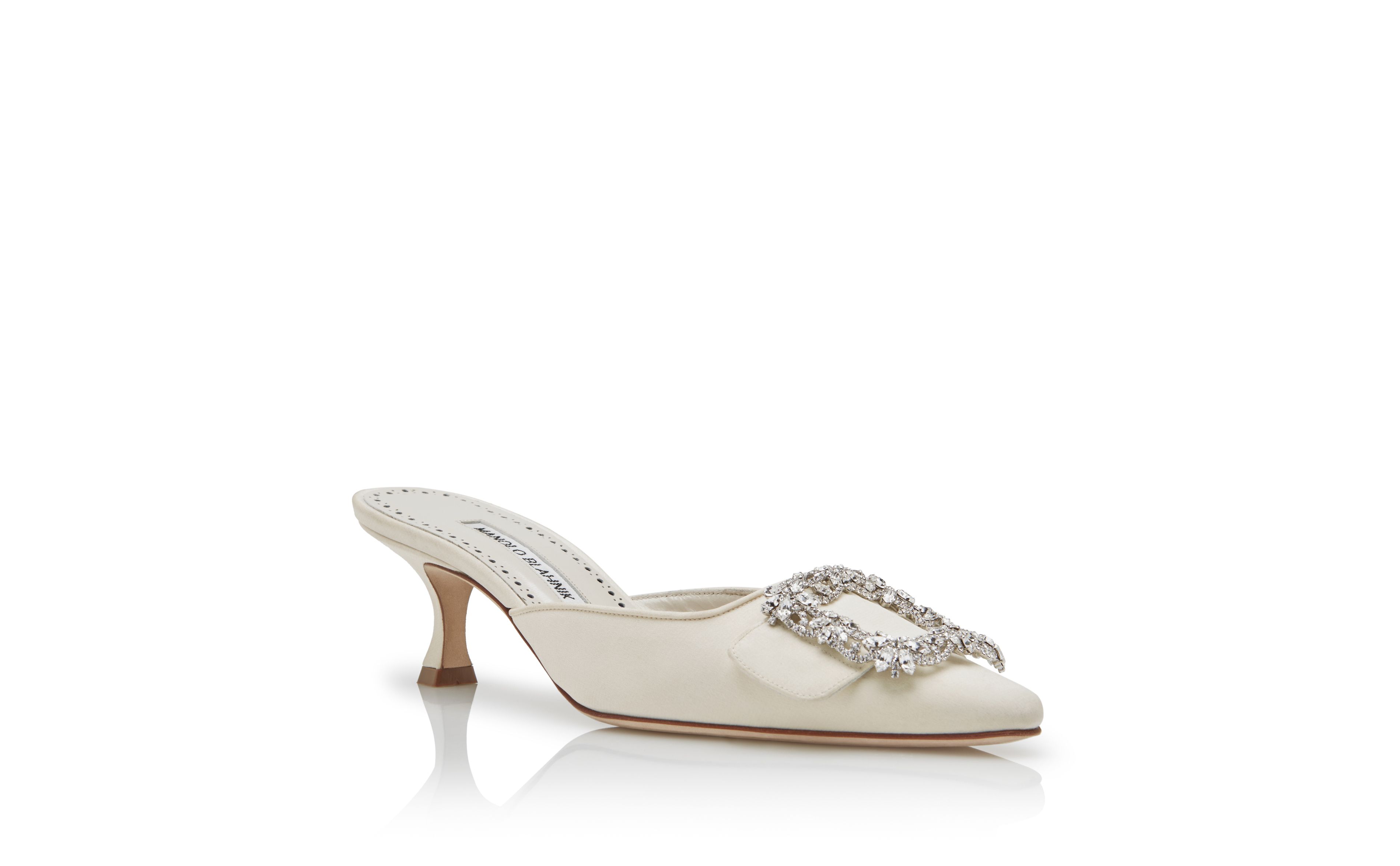 Designer Cream Crepe de Chine Jewel Buckle Mules - Image Upsell